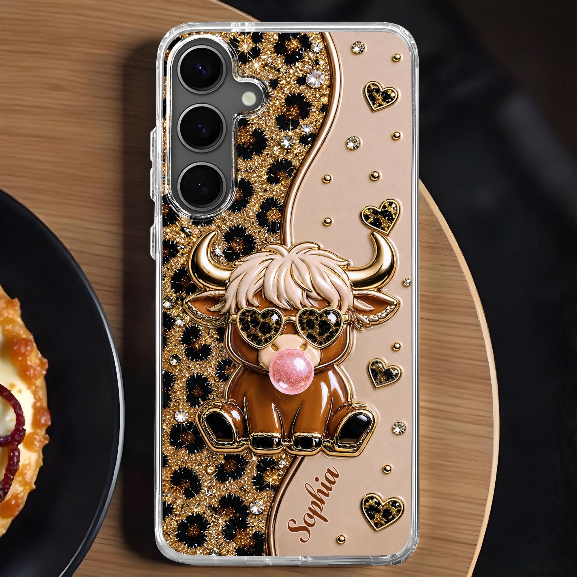 Personalized Clear Phone Case Highland Cow with Hearts Gift