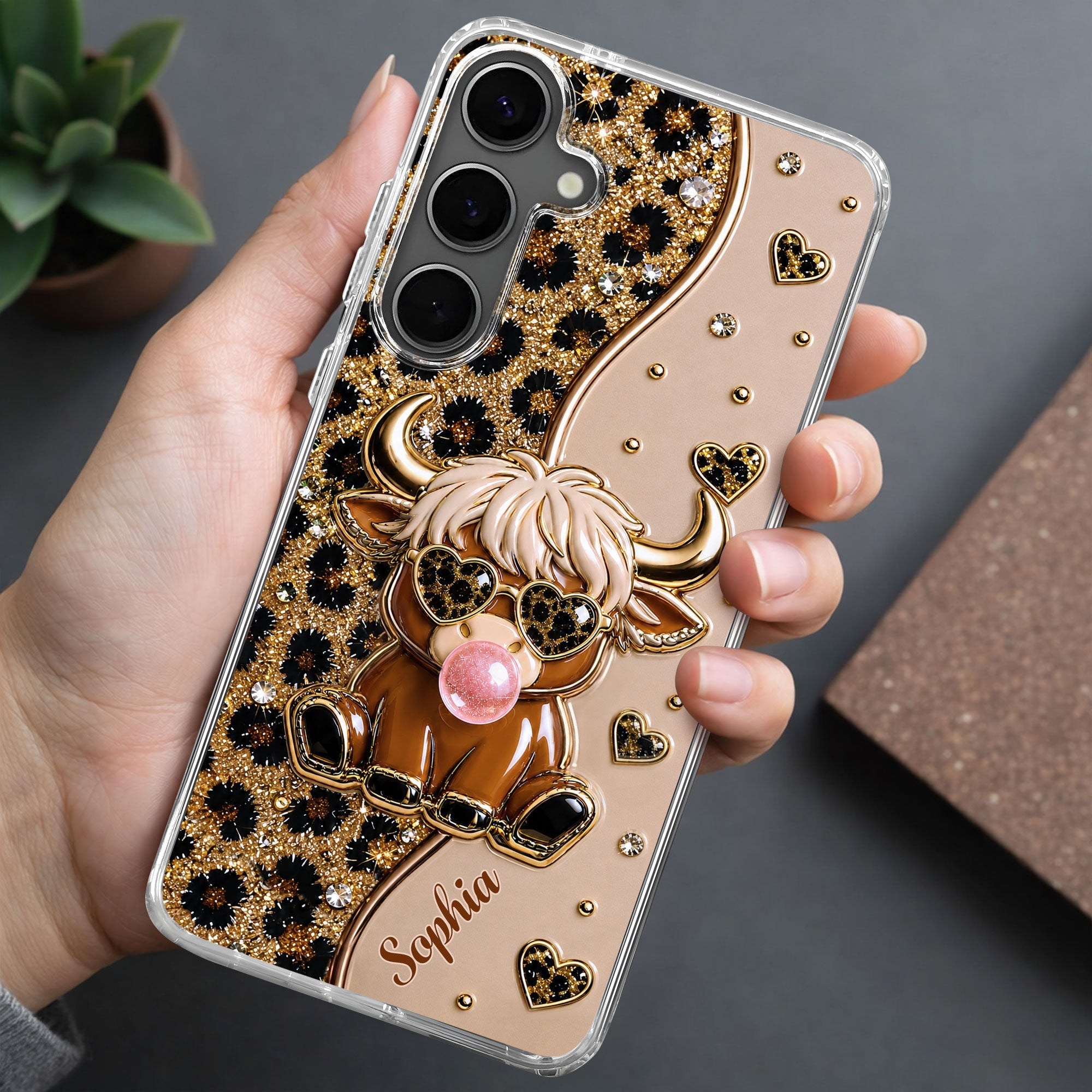 Personalized Clear Phone Case Highland Cow with Hearts Gift