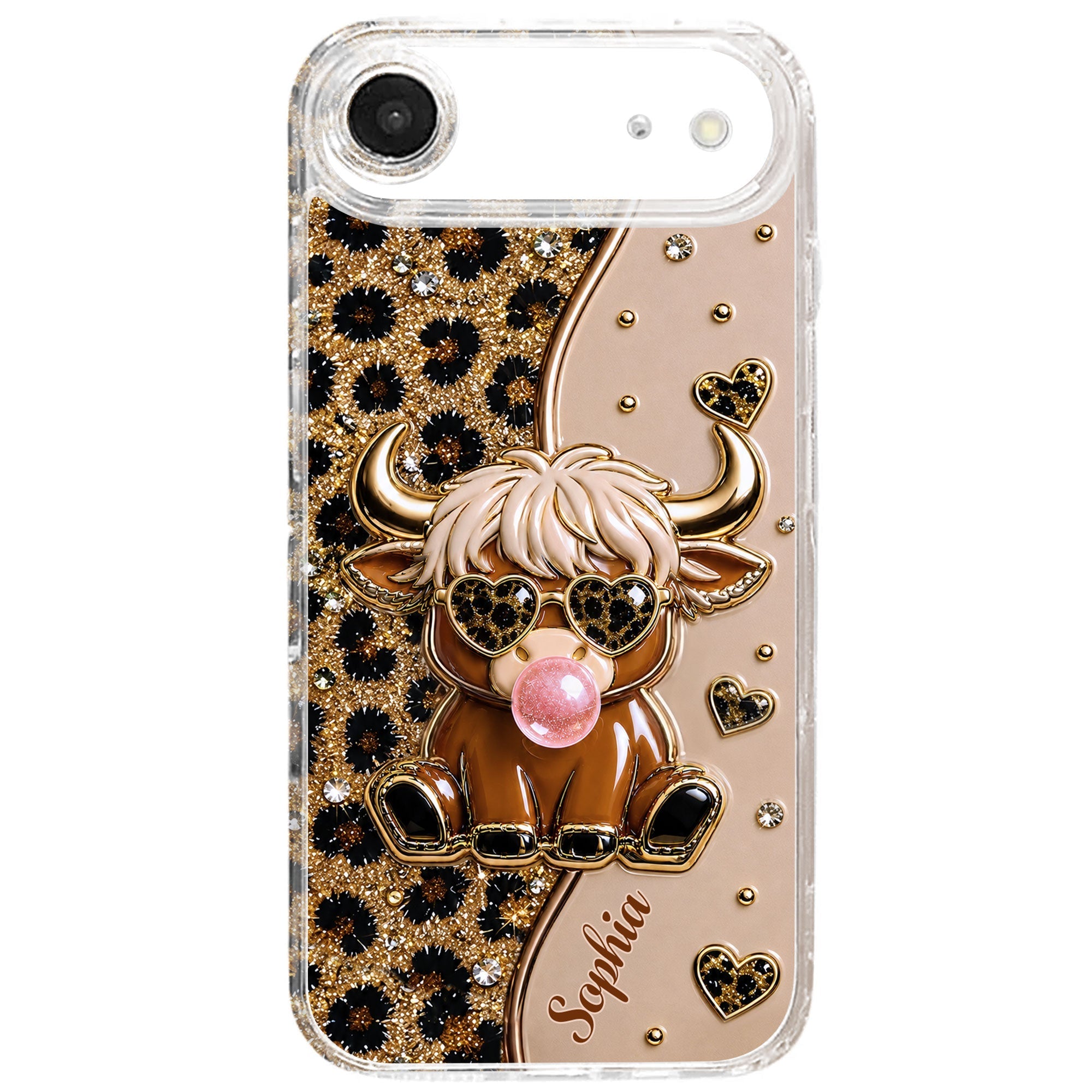 Personalized Clear Phone Case Highland Cow with Hearts Gift