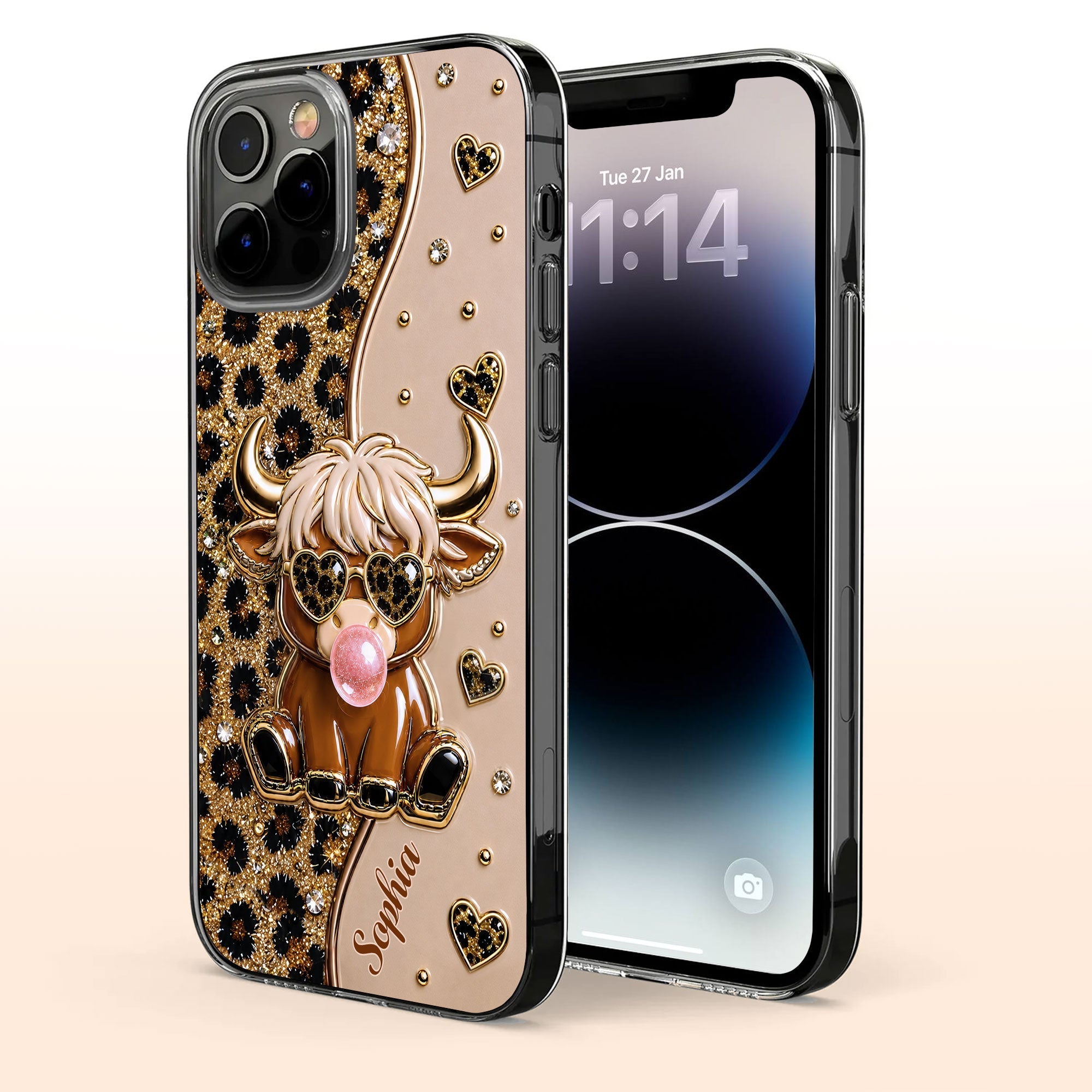 Personalized Clear Phone Case Highland Cow with Hearts Gift