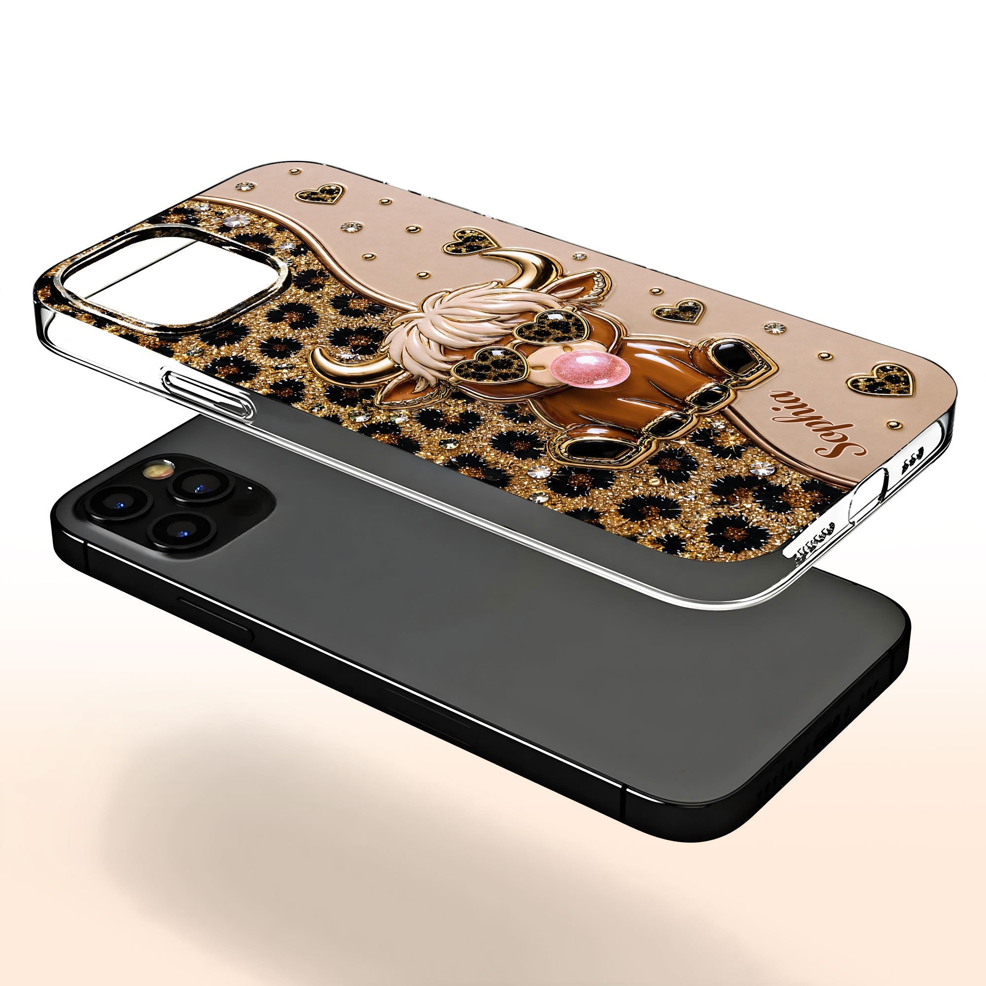 Personalized Clear Phone Case Highland Cow with Hearts Gift