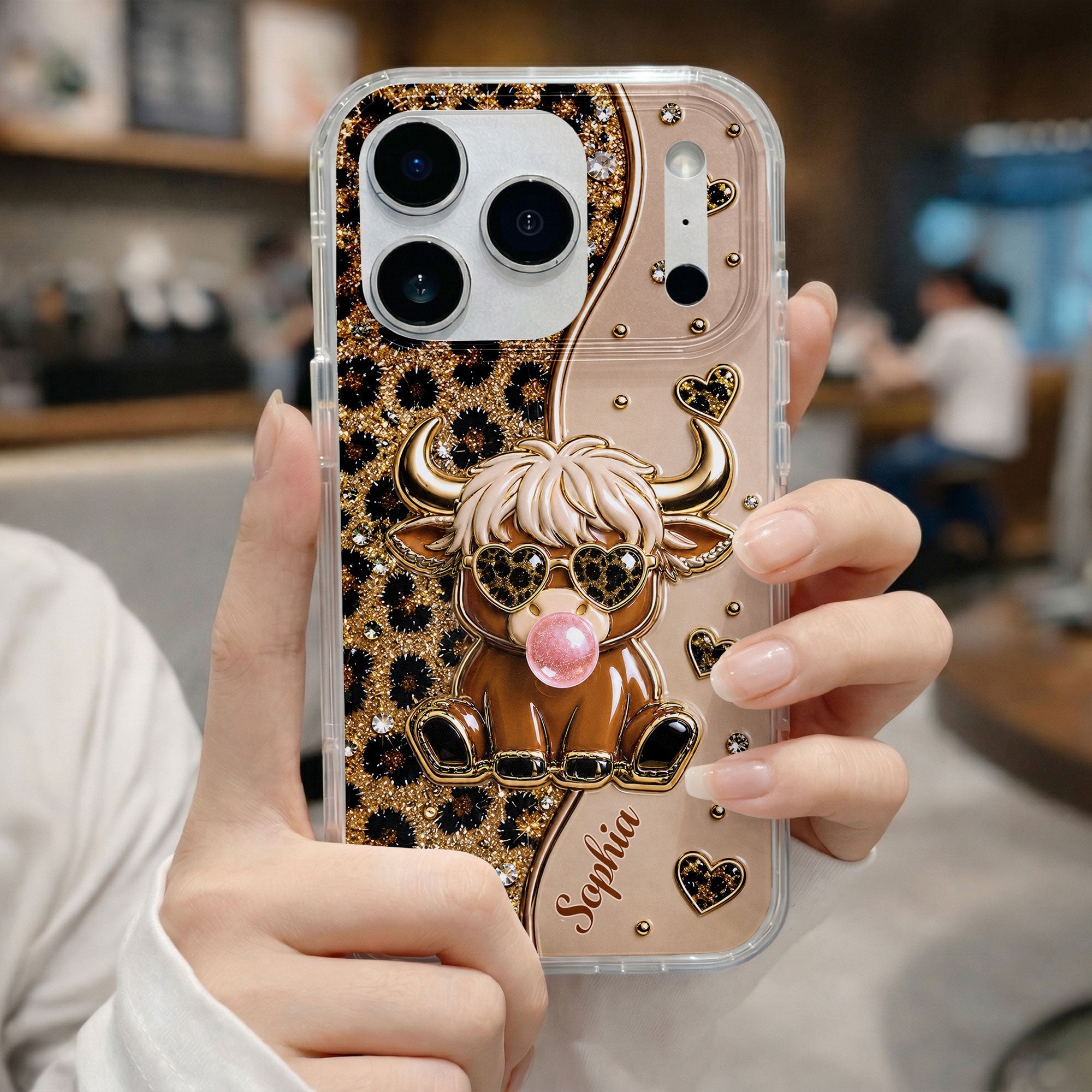 Personalized Clear Phone Case Highland Cow with Hearts Gift