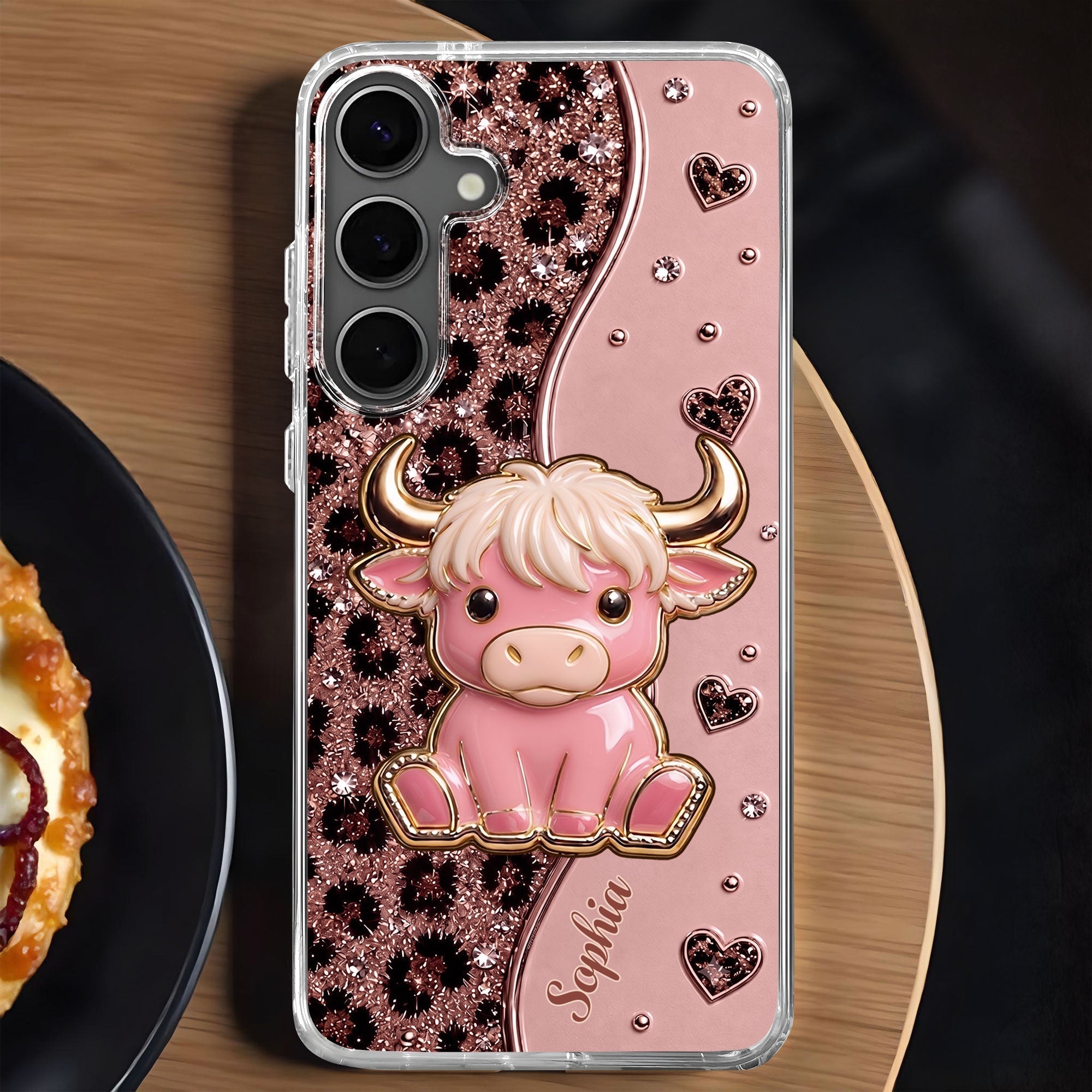 Personalized Clear Phone Case Cute Pink Highland Cow Gift