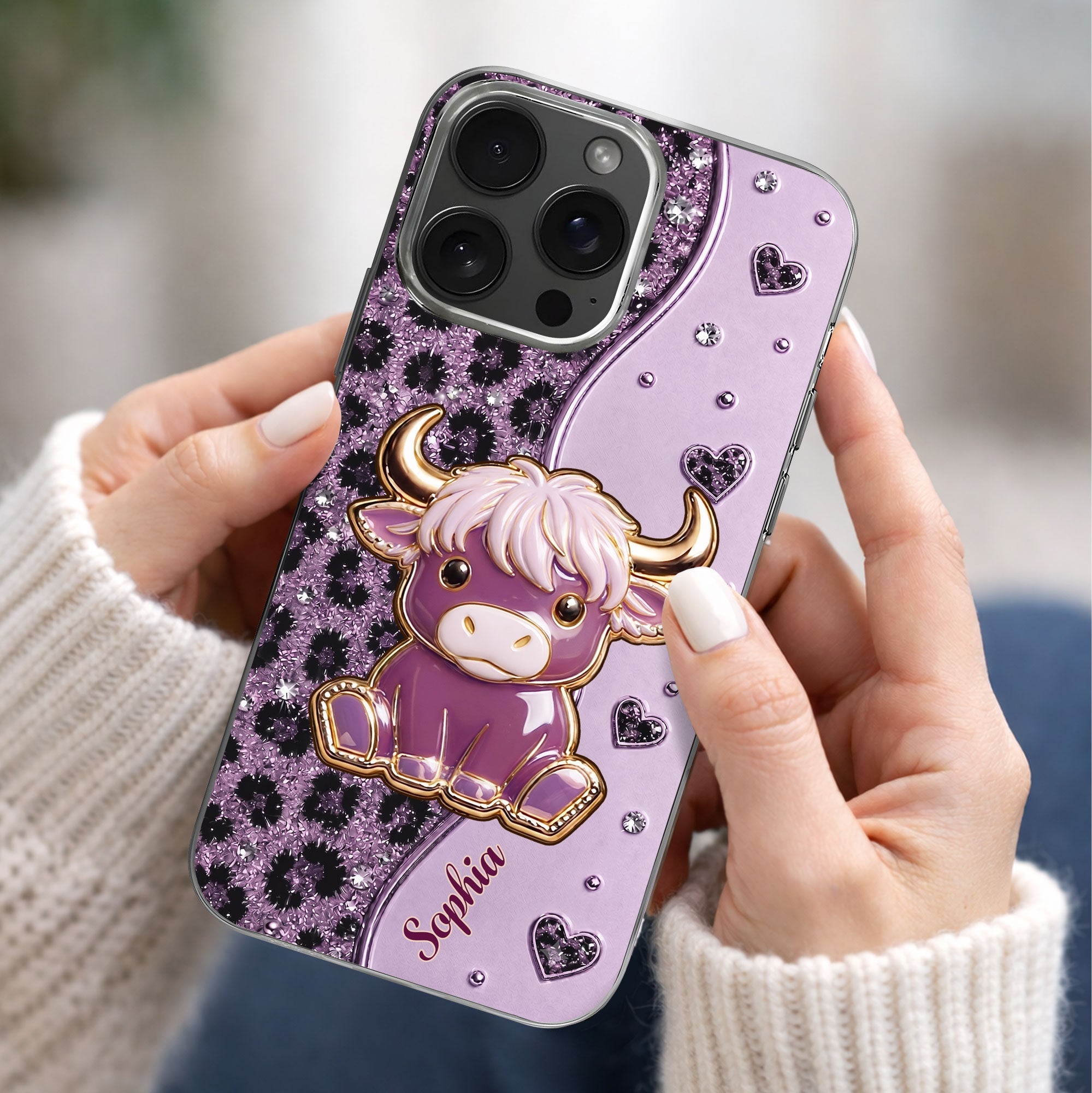 Personalized Clear Phone Case Cute Pink Highland Cow Gift