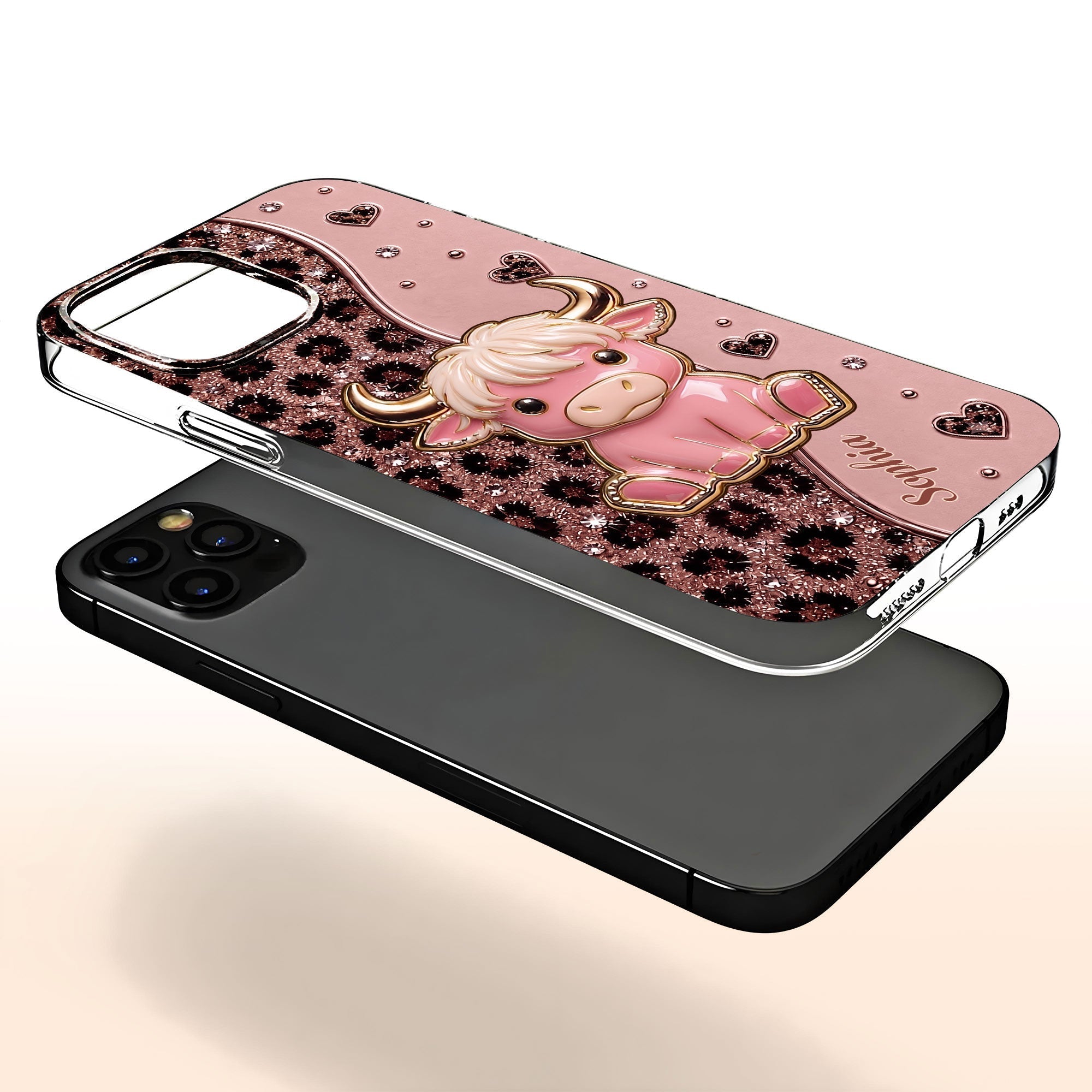 Personalized Clear Phone Case Cute Pink Highland Cow Gift