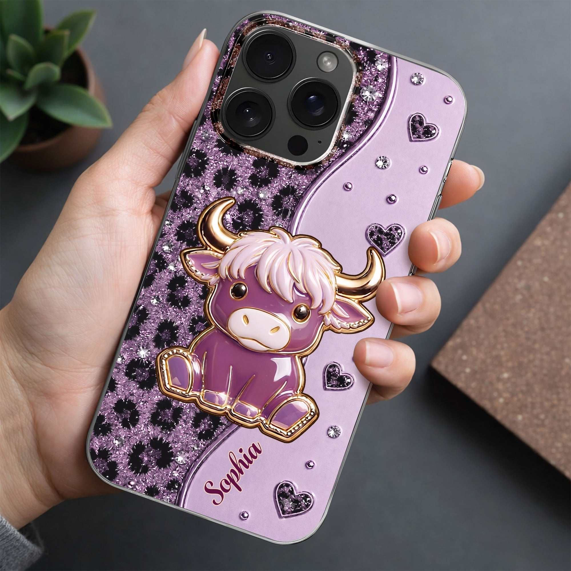 Personalized Clear Phone Case Cute Pink Highland Cow Gift