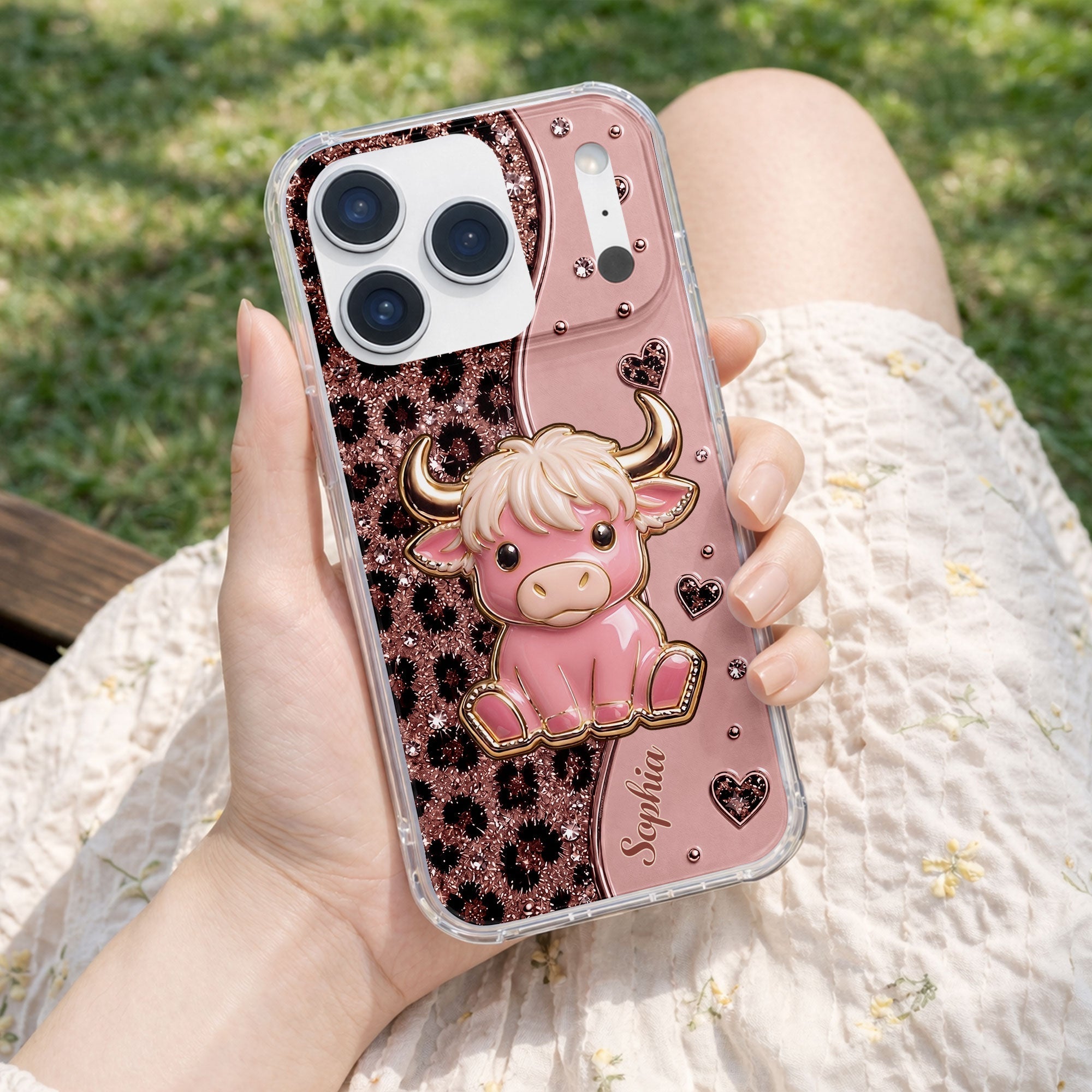Personalized Clear Phone Case Cute Pink Highland Cow Gift