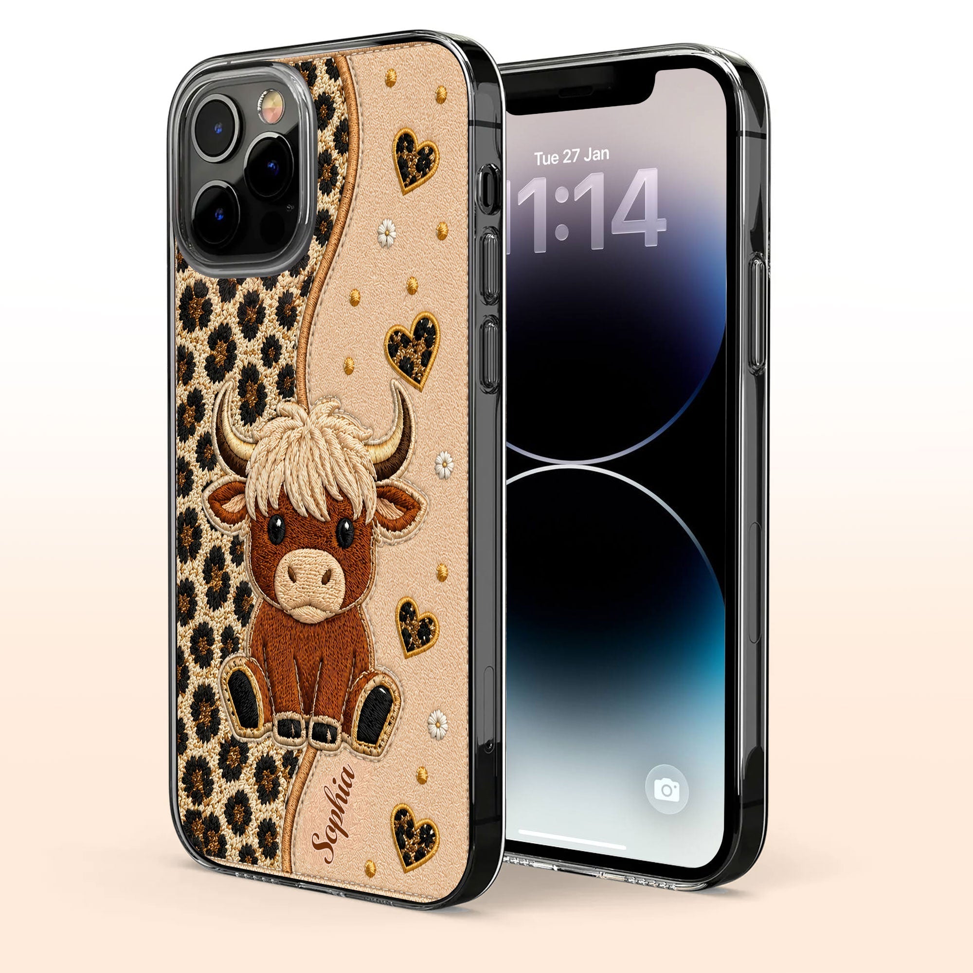 Personalized Highland Cow Clear Phone Case Custom Name Gift