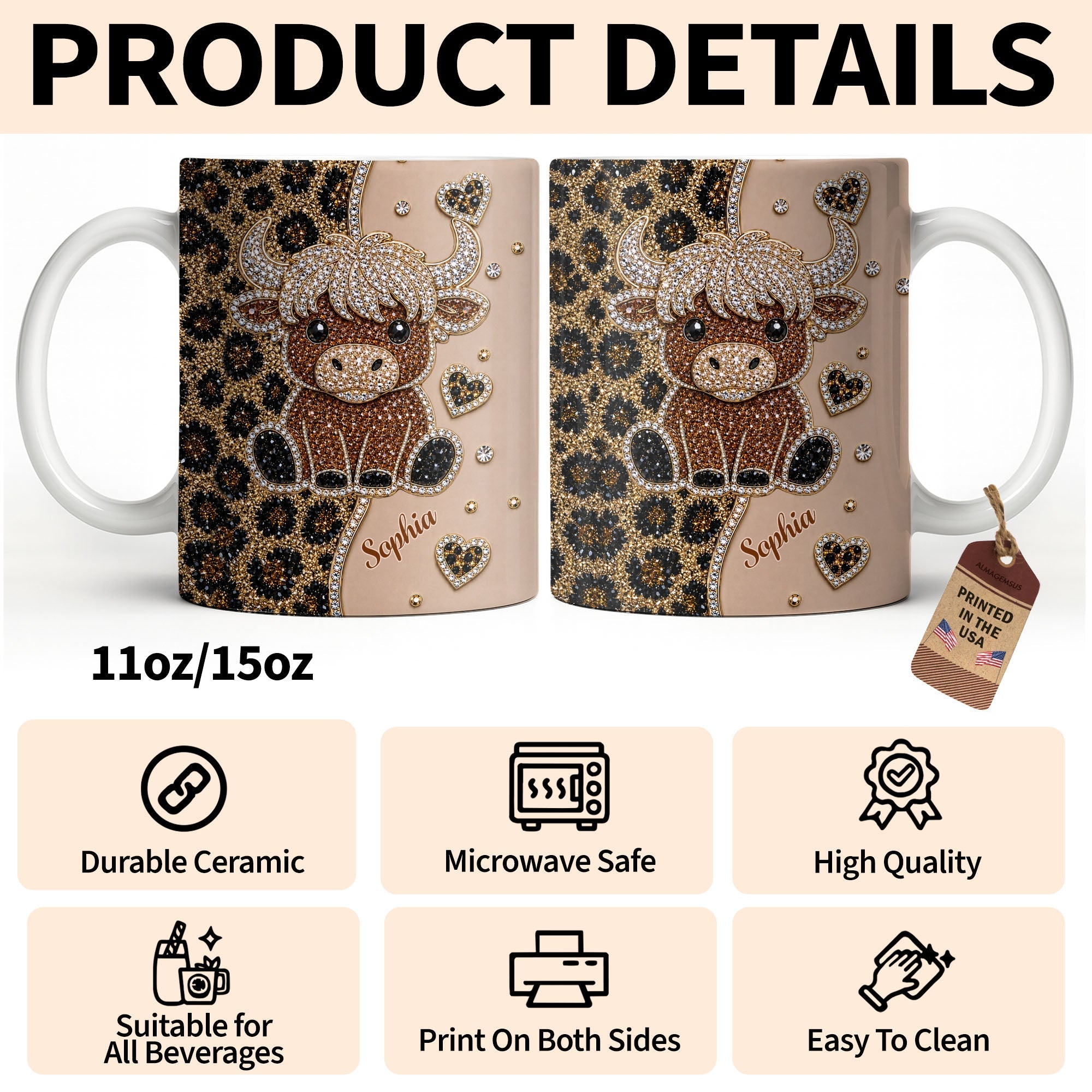 Personalized Highland Cow Coffee Mug Custom Name Gift for Cow Lovers