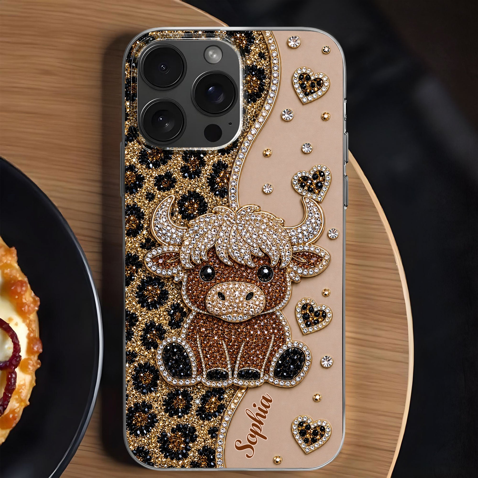 Personalized Clear Phone Case Highland Cow Glitter Cheetah Gift