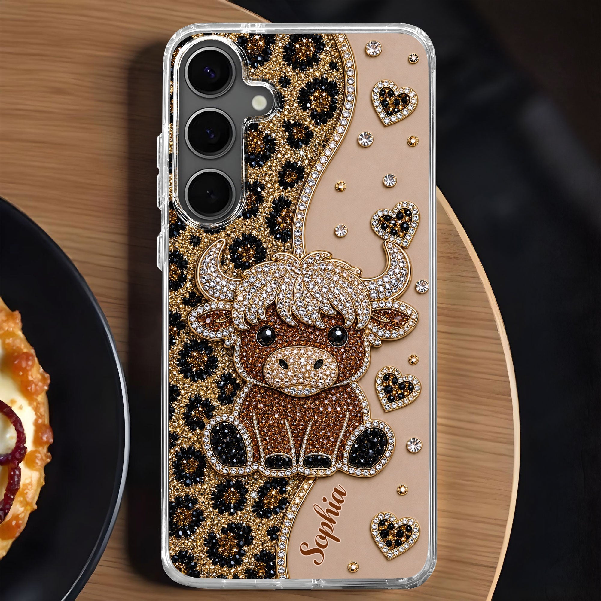 Personalized Clear Phone Case Highland Cow Glitter Cheetah Gift