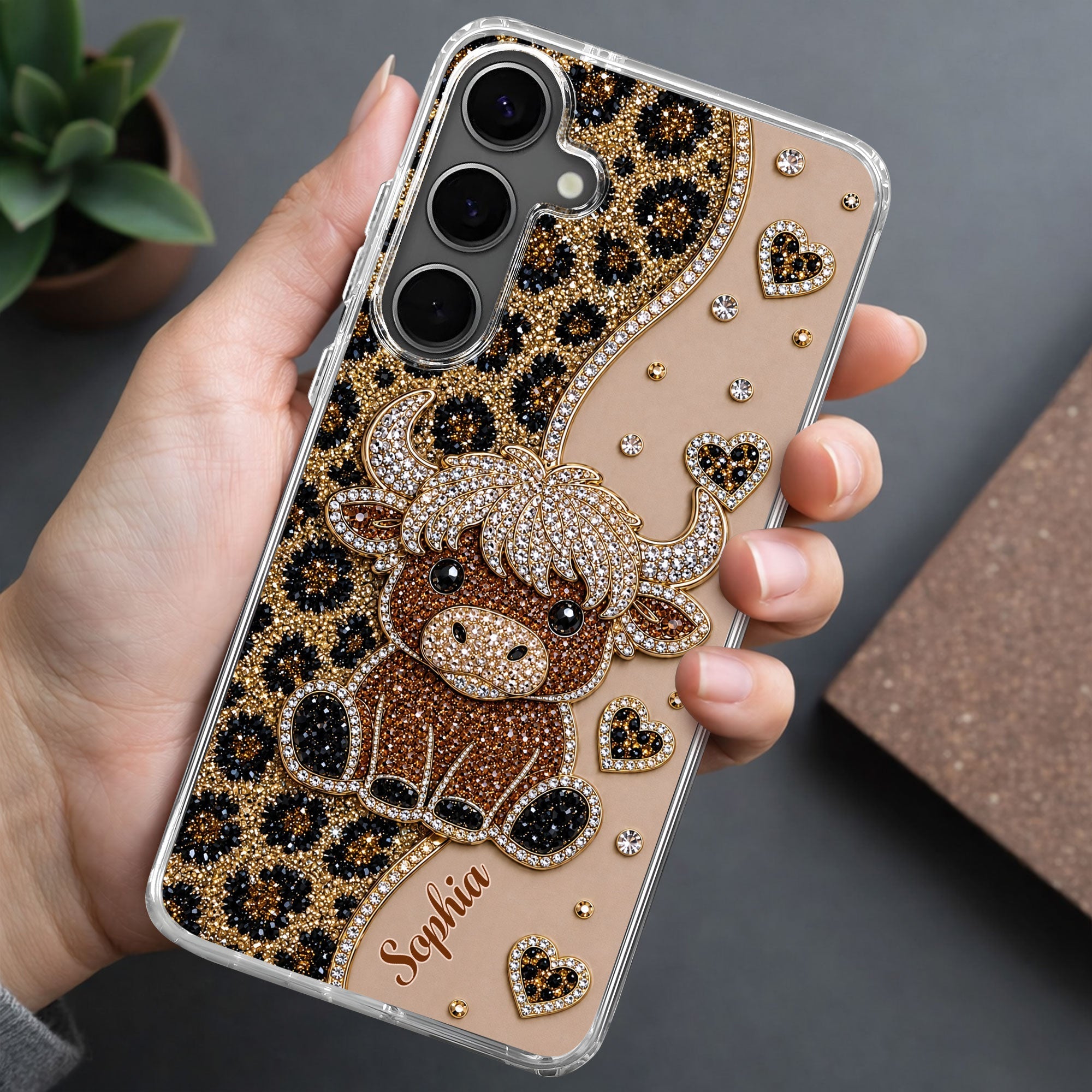 Personalized Clear Phone Case Highland Cow Glitter Cheetah Gift