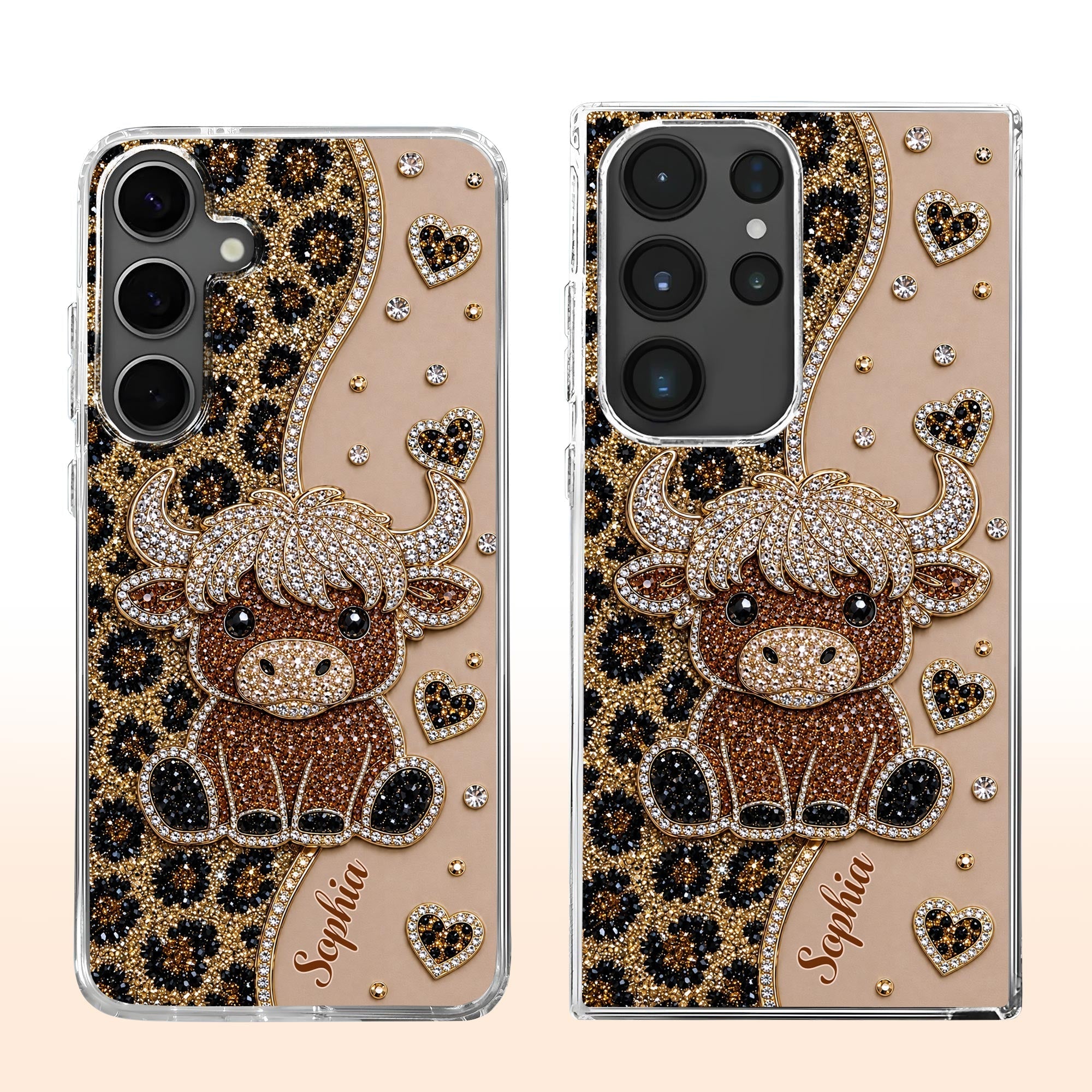 Personalized Clear Phone Case Highland Cow Glitter Cheetah Gift