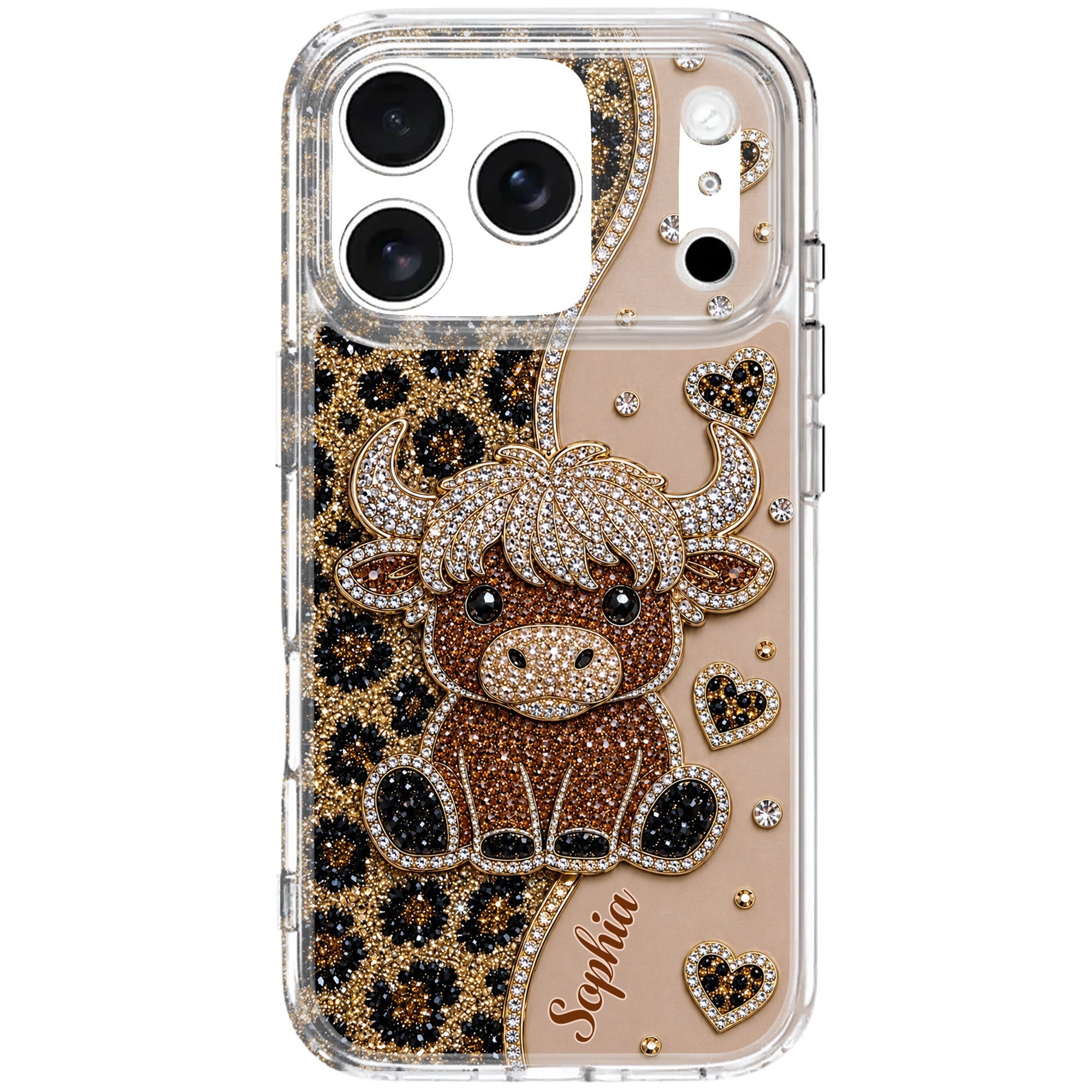 Personalized Clear Phone Case Highland Cow Glitter Cheetah Gift