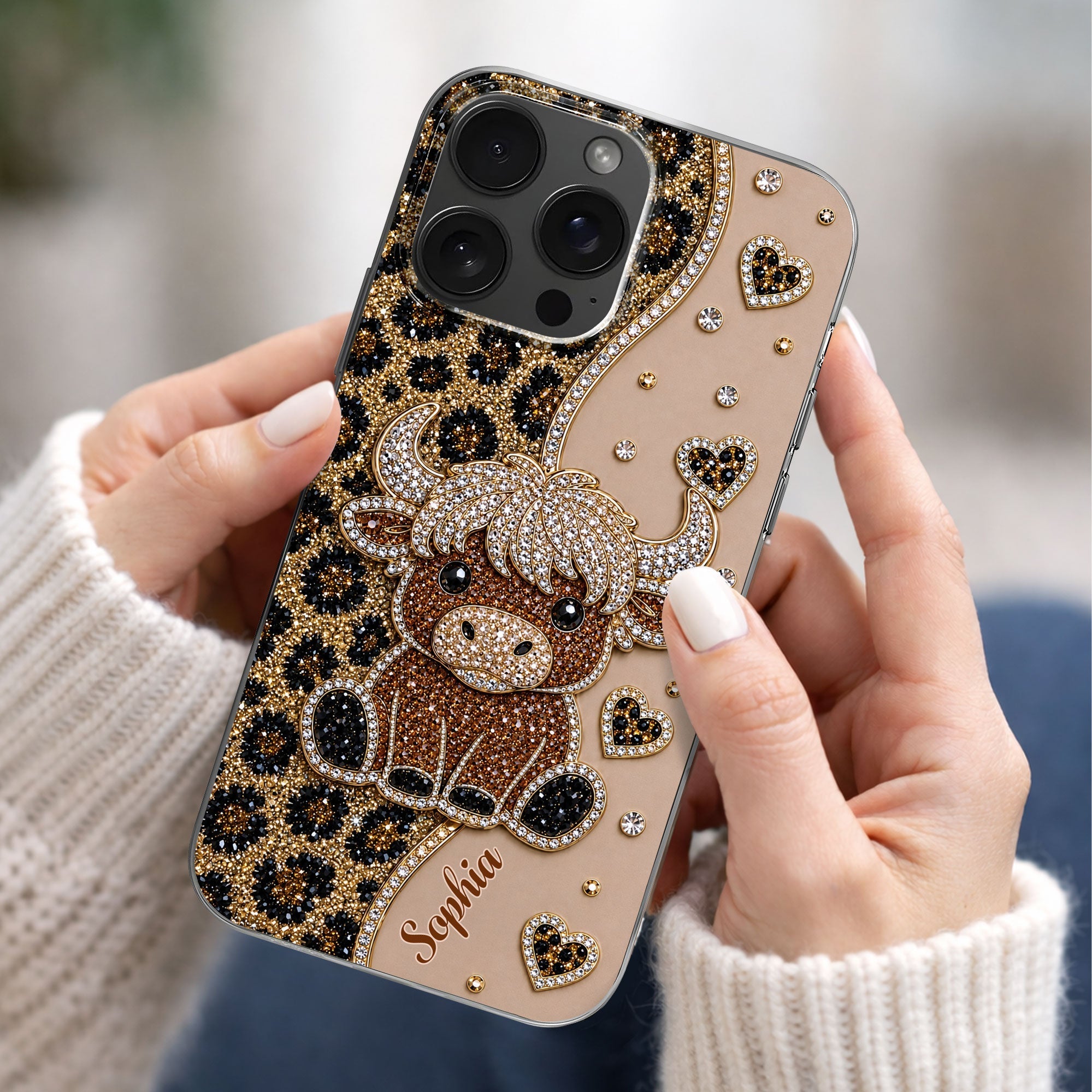 Personalized Clear Phone Case Highland Cow Glitter Cheetah Gift