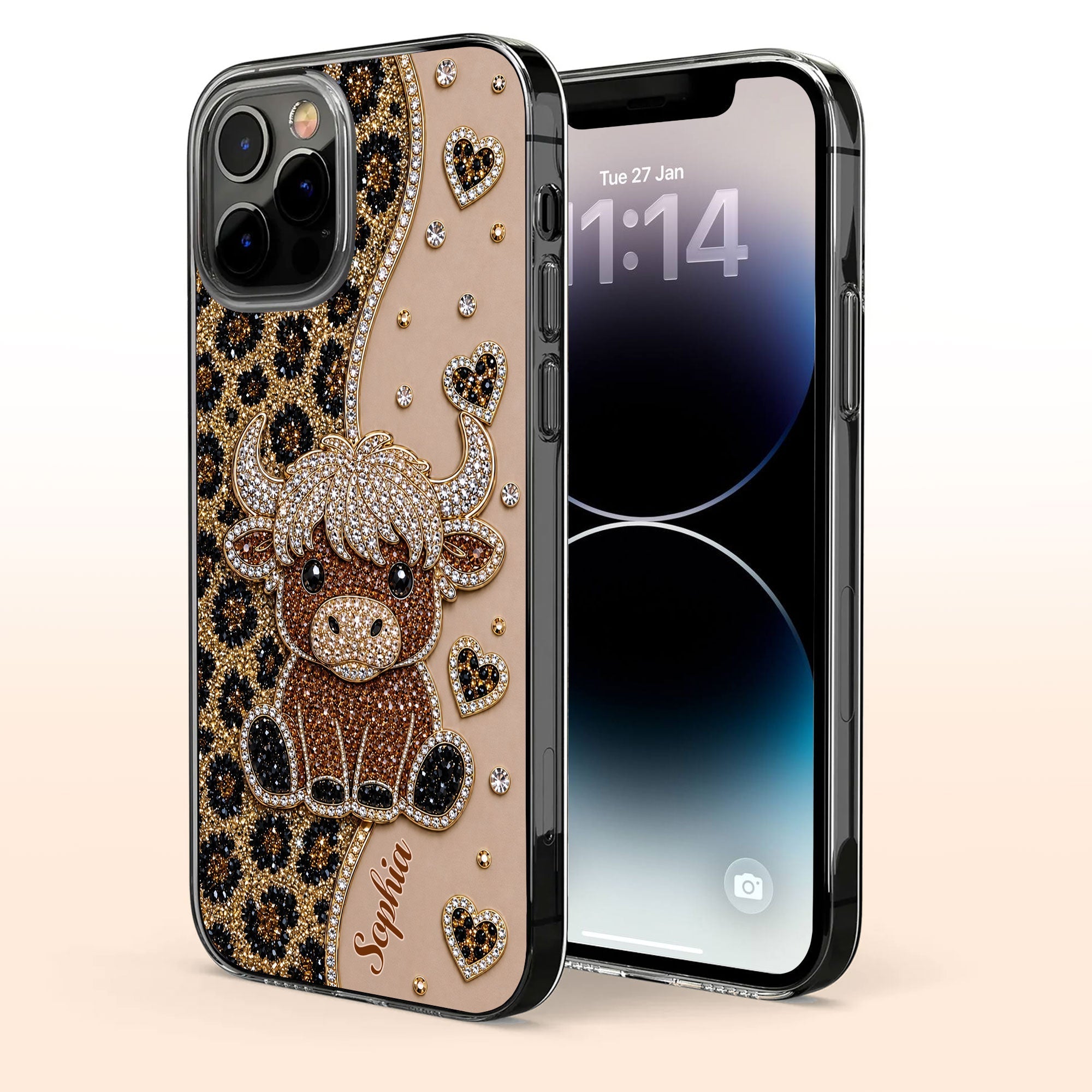 Personalized Clear Phone Case Highland Cow Glitter Cheetah Gift