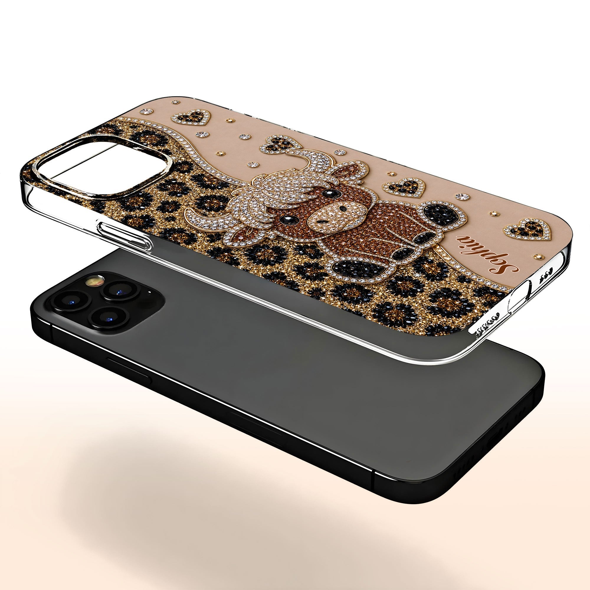 Personalized Clear Phone Case Highland Cow Glitter Cheetah Gift