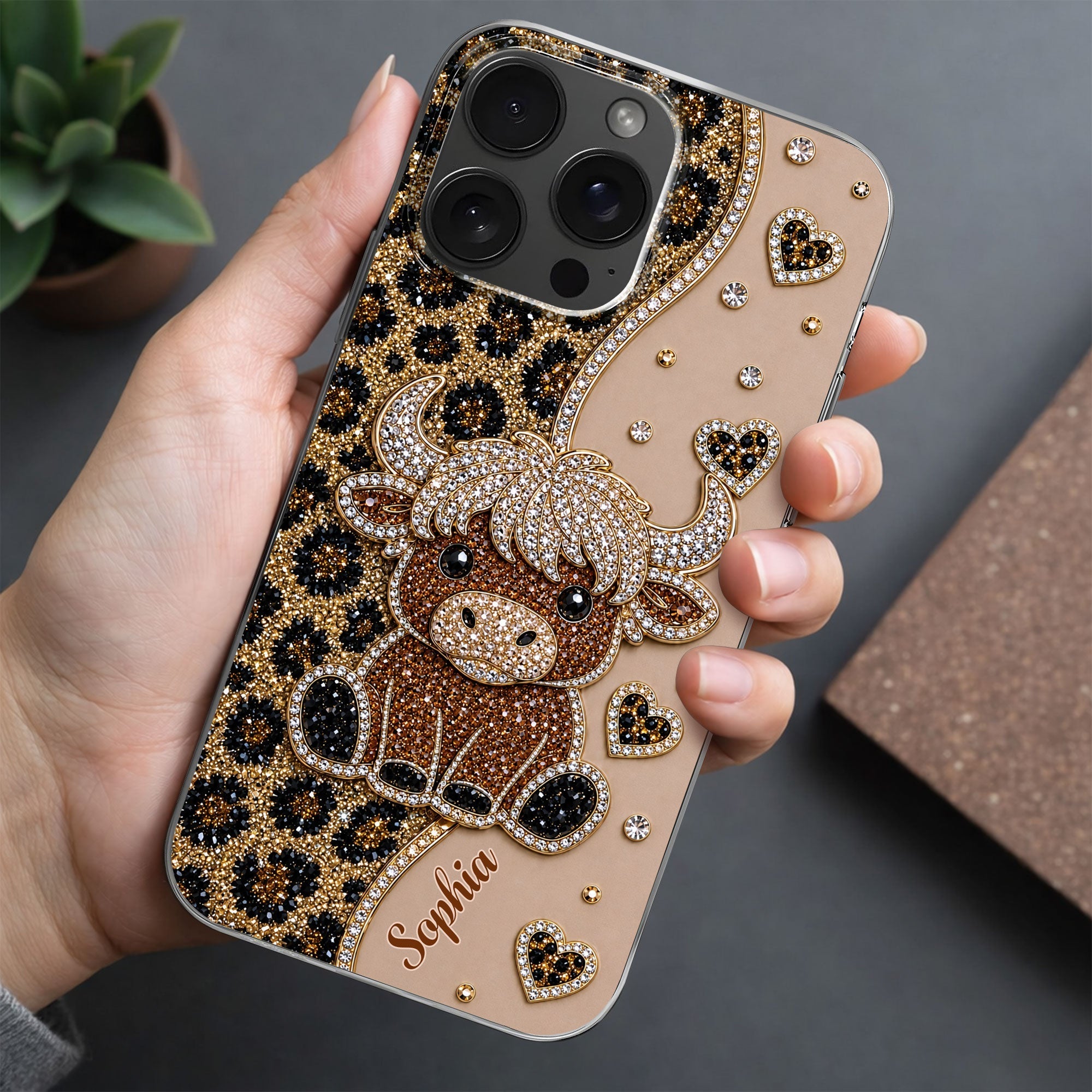 Personalized Clear Phone Case Highland Cow Glitter Cheetah Gift