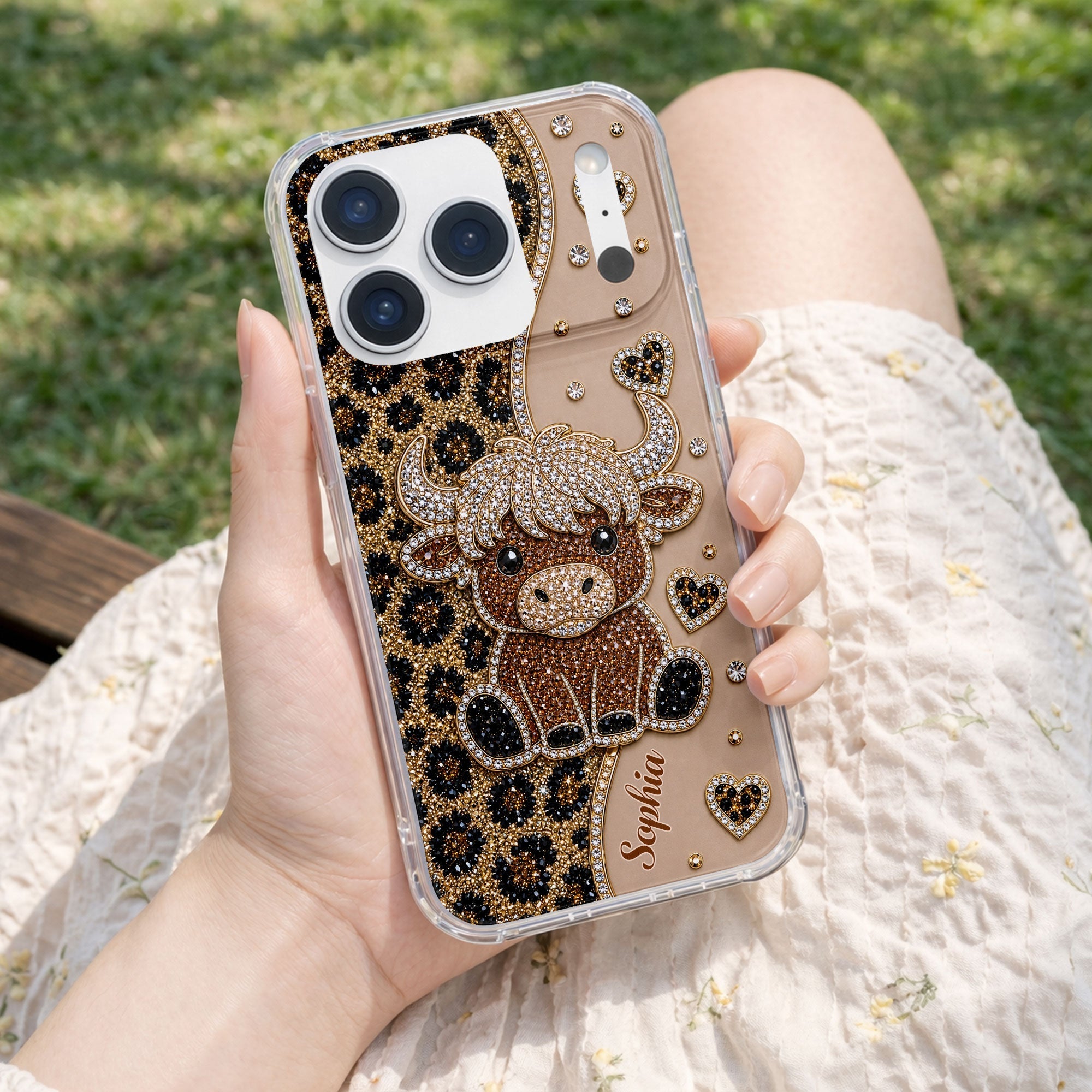Personalized Clear Phone Case Highland Cow Glitter Cheetah Gift