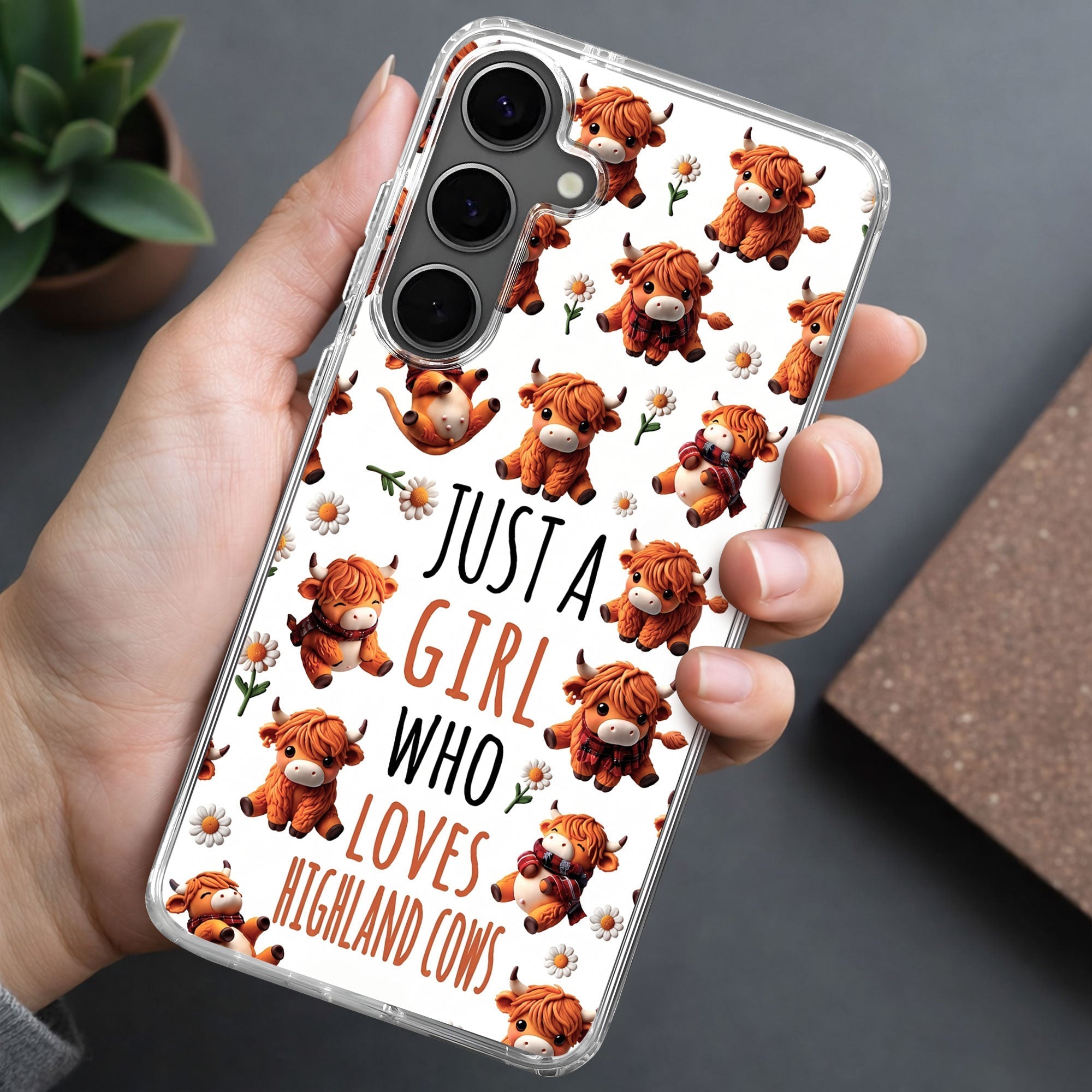 Personalized Clear Phone Case with Highland Cows and Flowers for Her