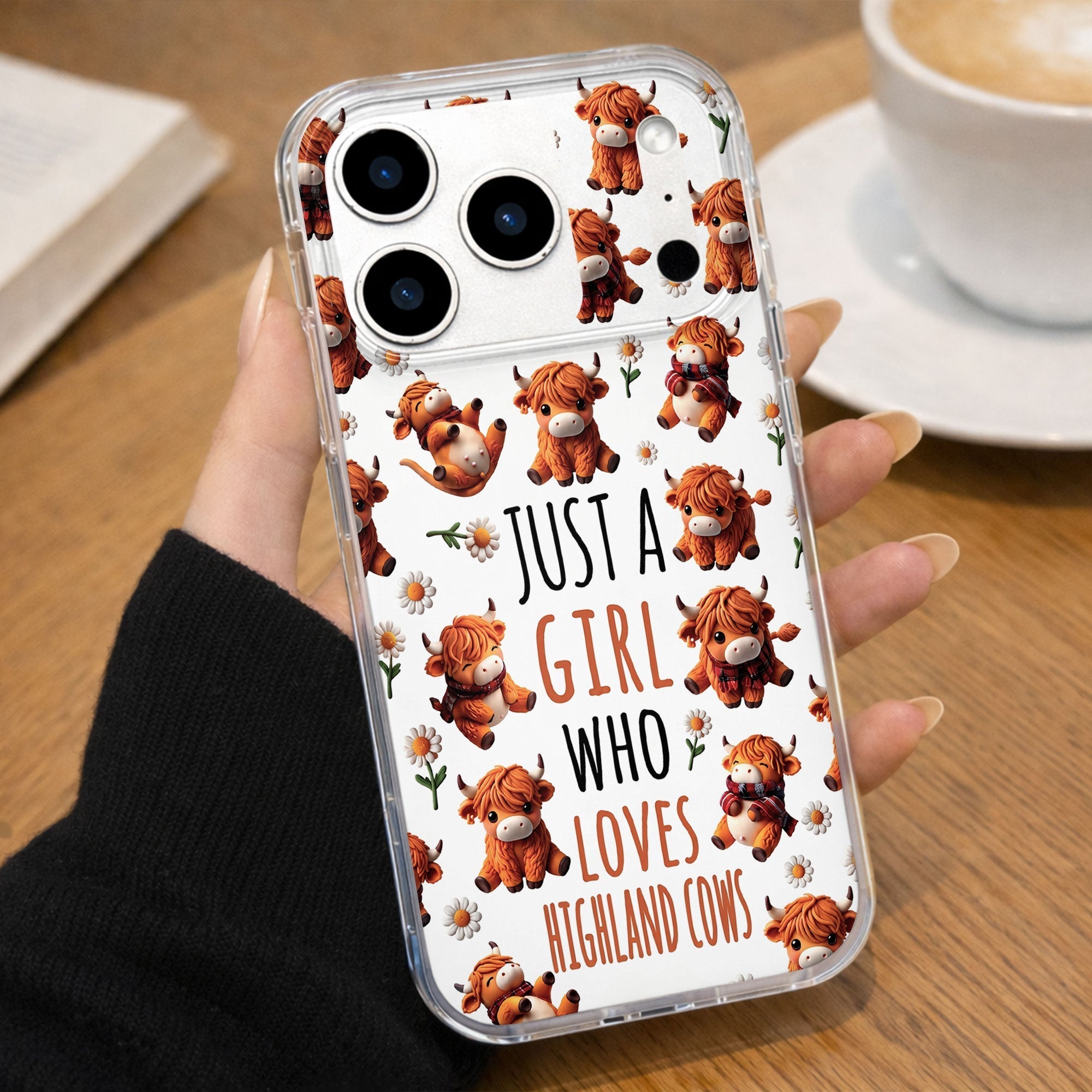 Personalized Clear Phone Case with Highland Cows and Flowers for Her