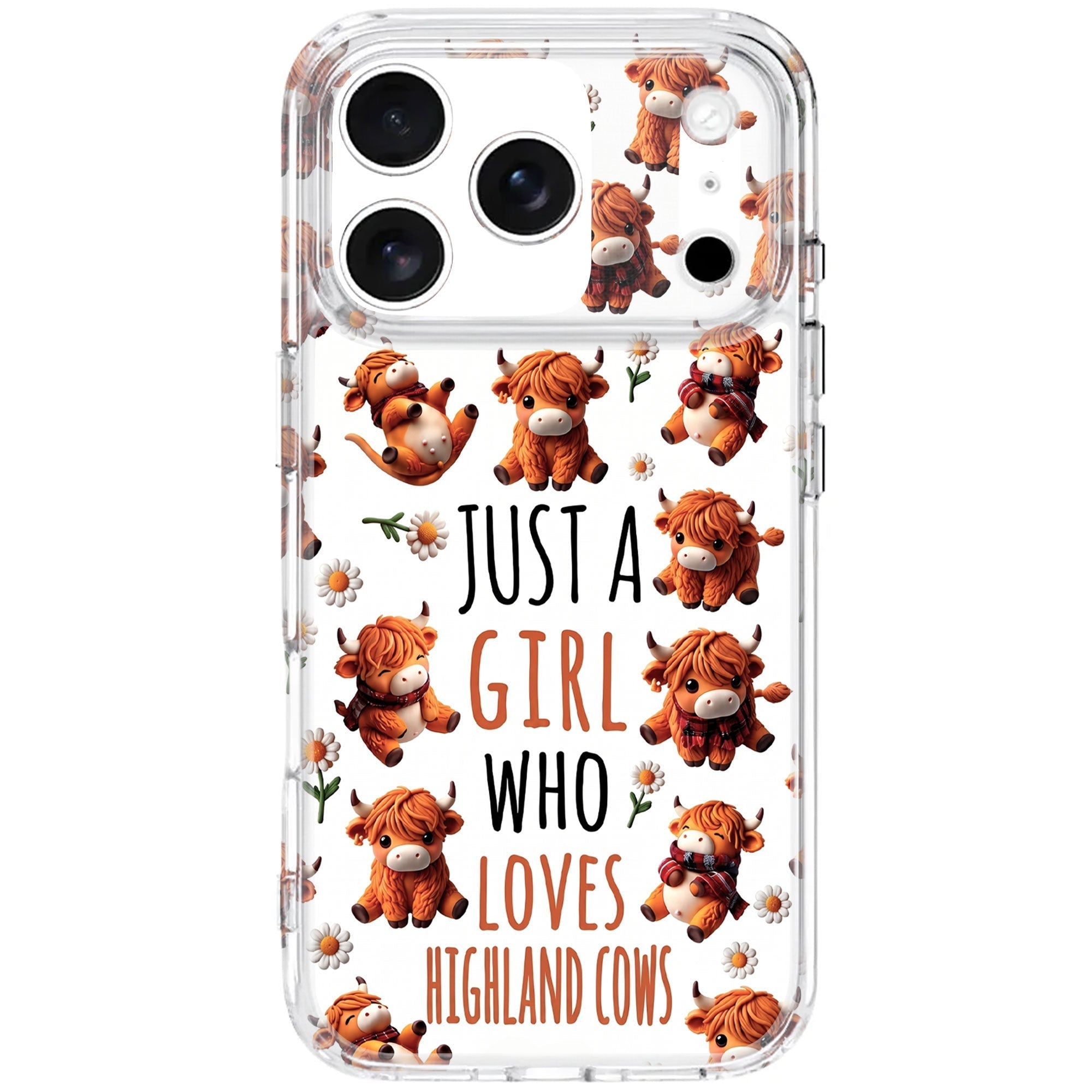 Personalized Clear Phone Case with Highland Cows and Flowers for Her