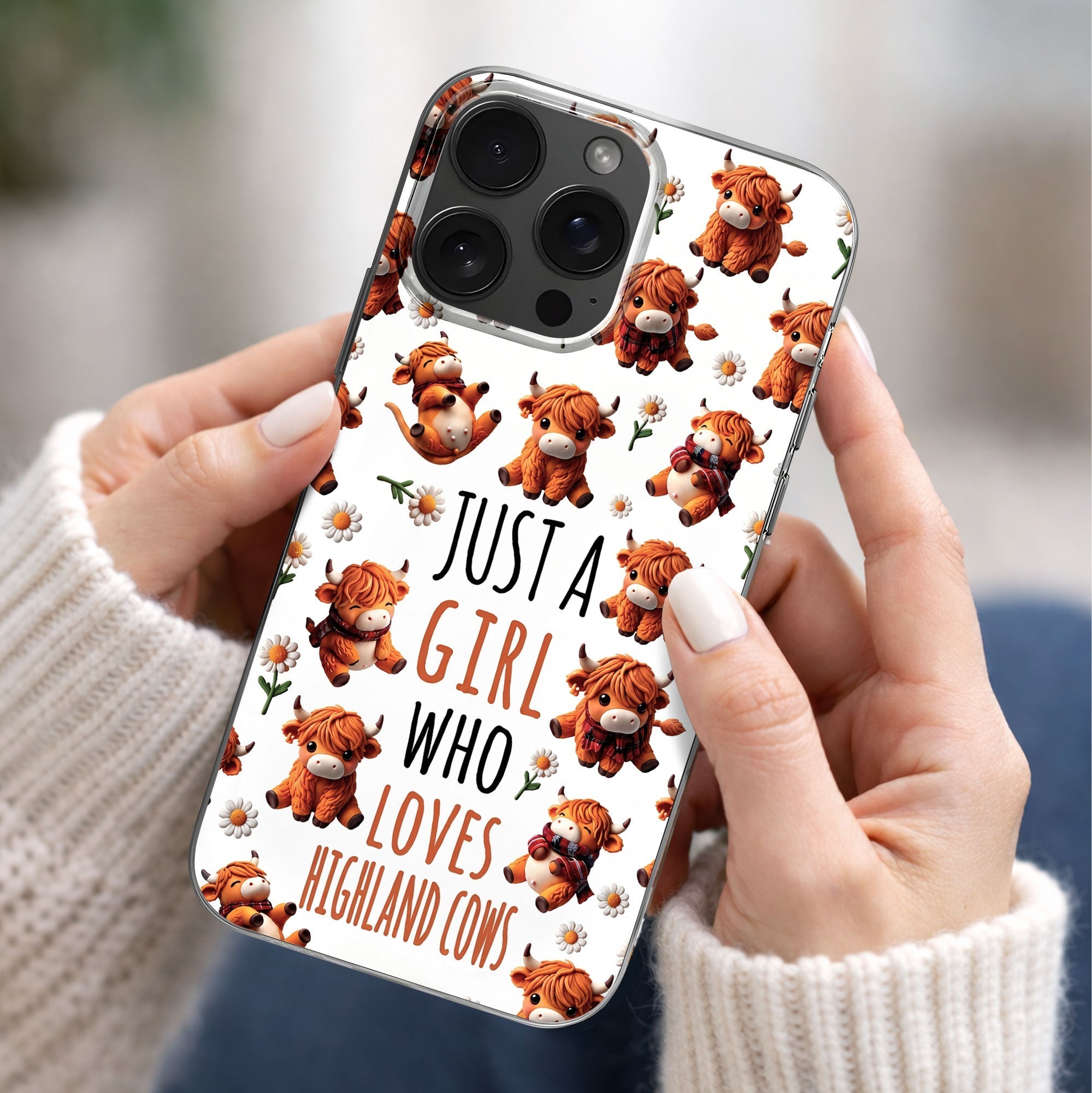 Personalized Clear Phone Case with Highland Cows and Flowers for Her