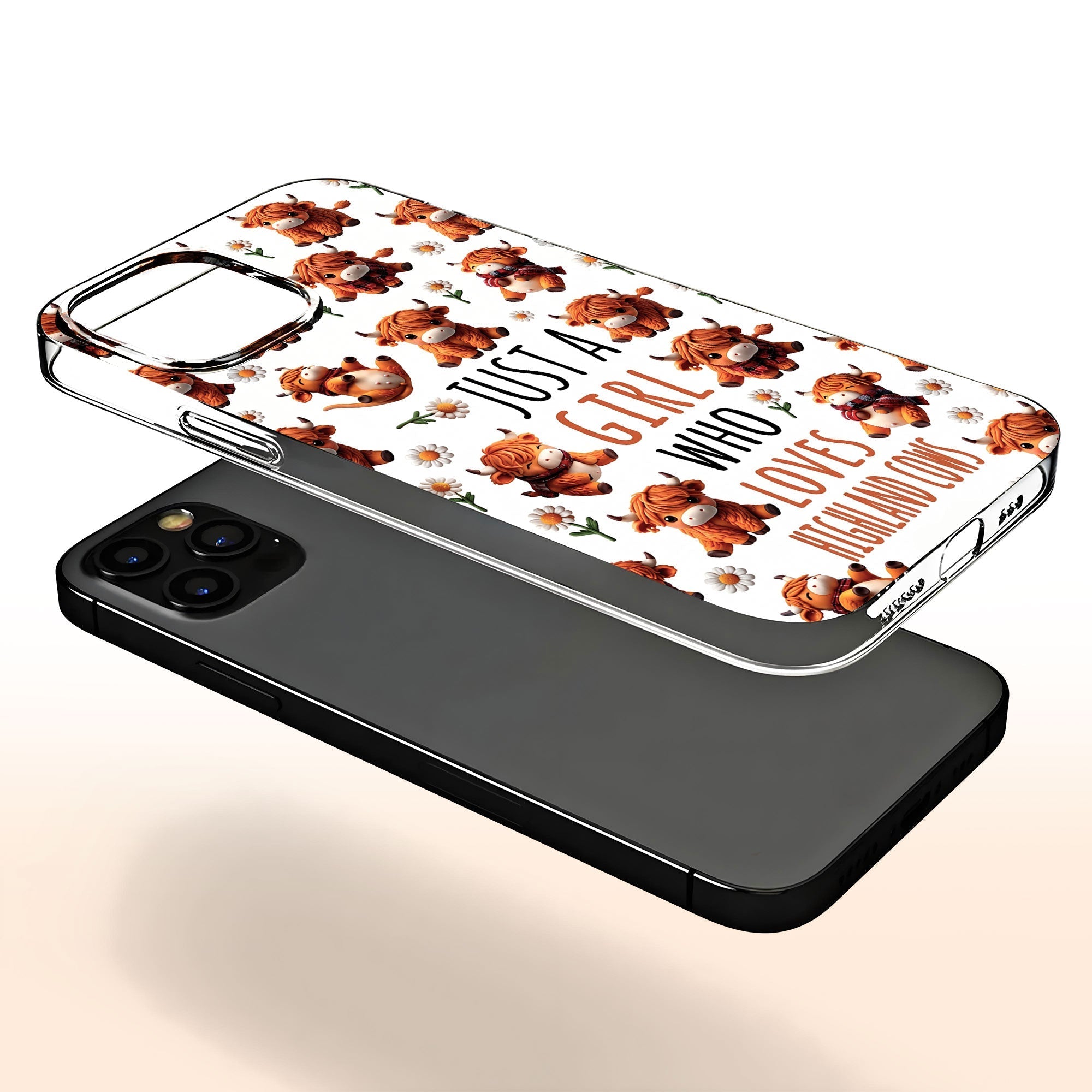 Personalized Clear Phone Case with Highland Cows and Flowers for Her
