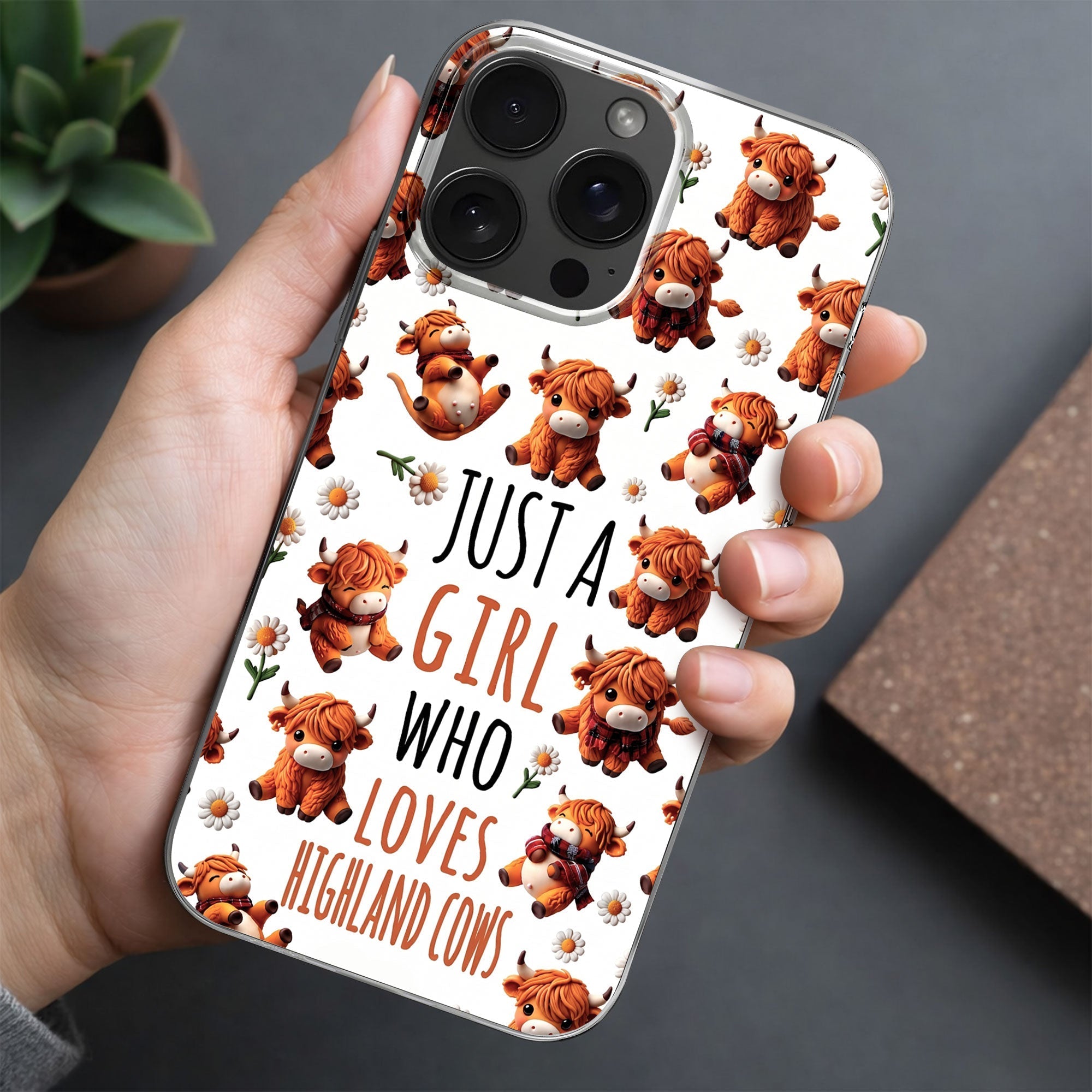 Personalized Clear Phone Case with Highland Cows and Flowers for Her