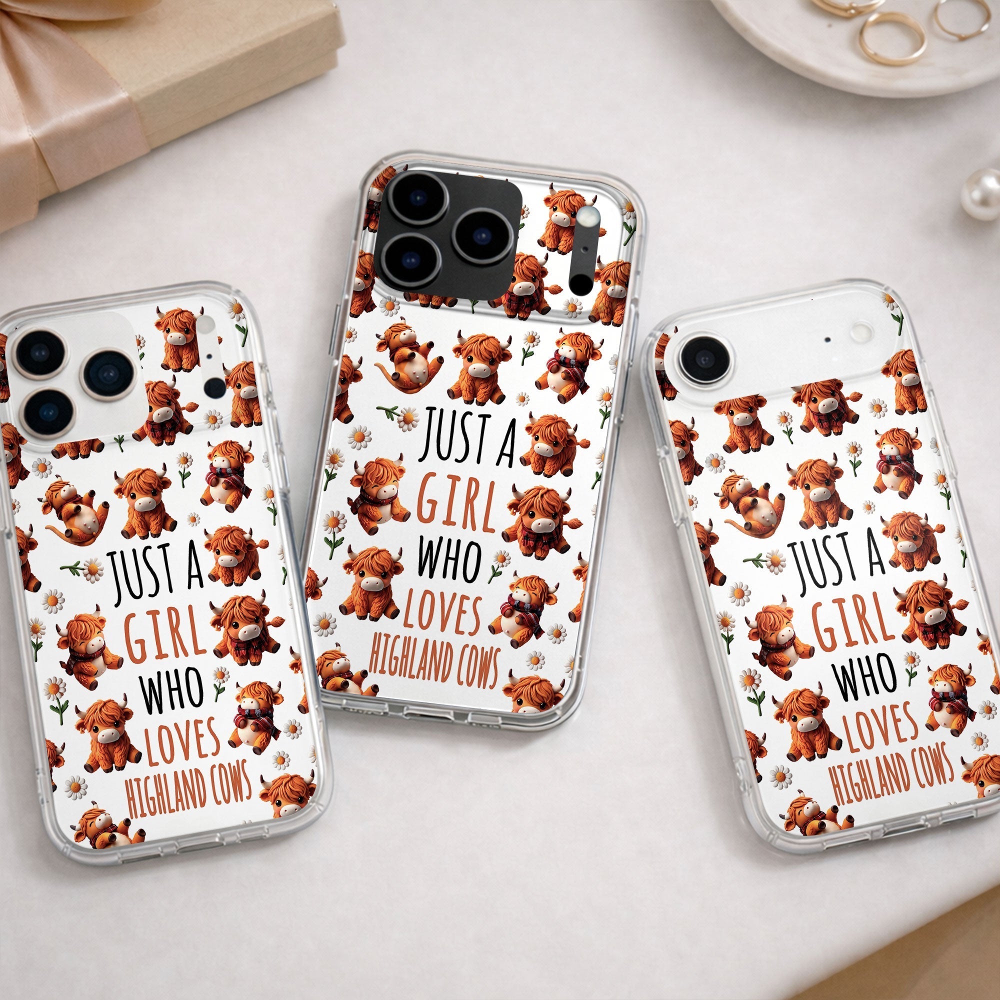 Personalized Clear Phone Case with Highland Cows and Flowers for Her