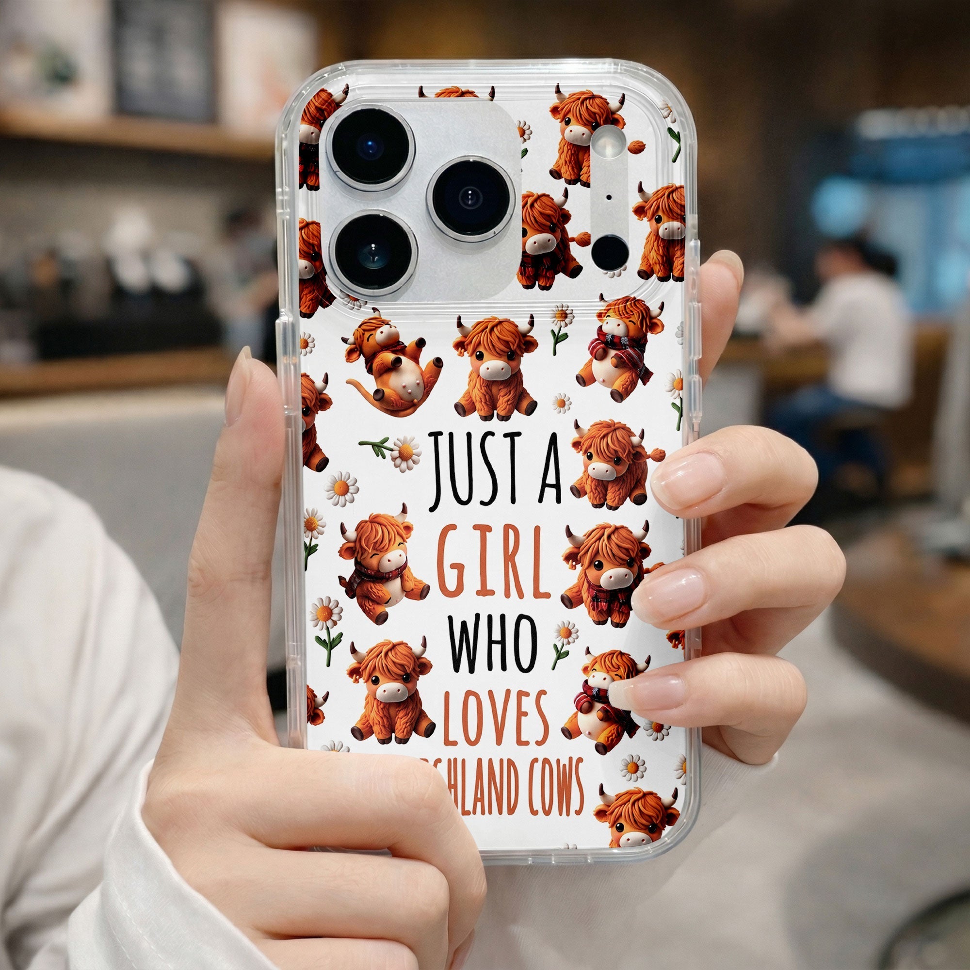 Personalized Clear Phone Case with Highland Cows and Flowers for Her
