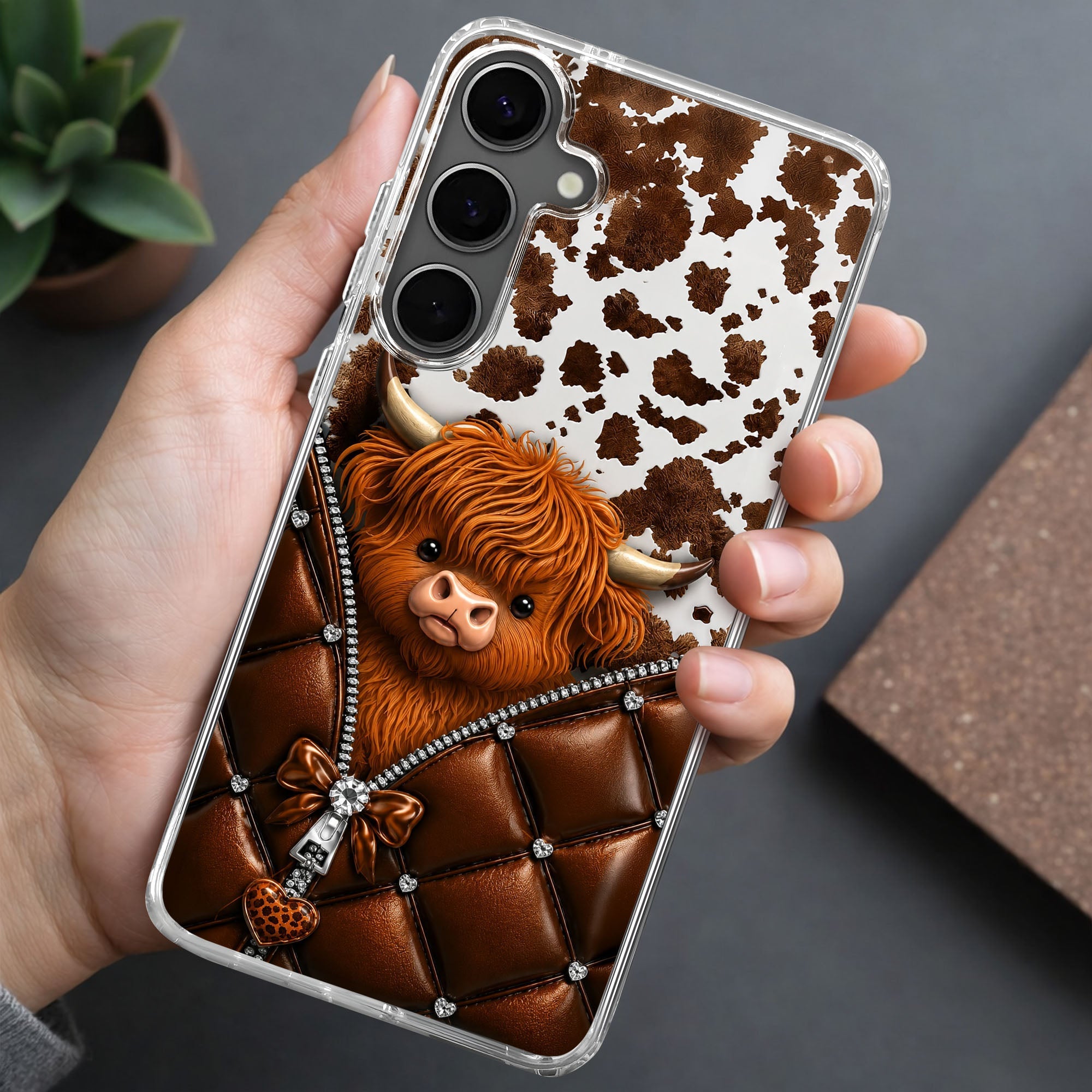 Personalized Clear Phone Case with Cute Highland Cow Design