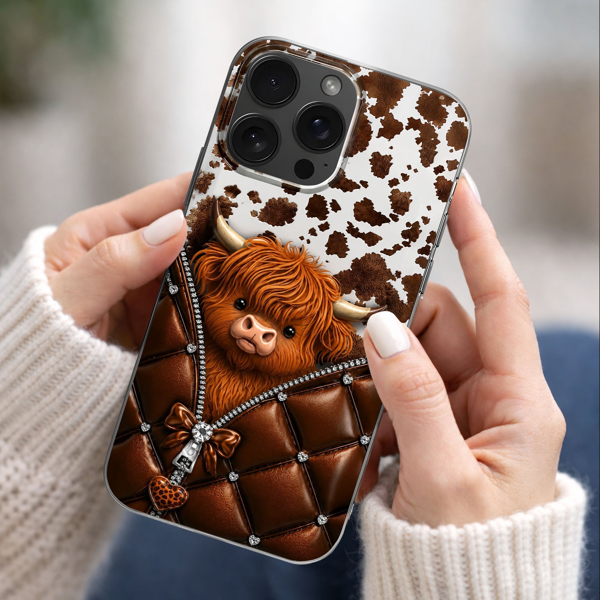 Personalized Clear Phone Case with Cute Highland Cow Design