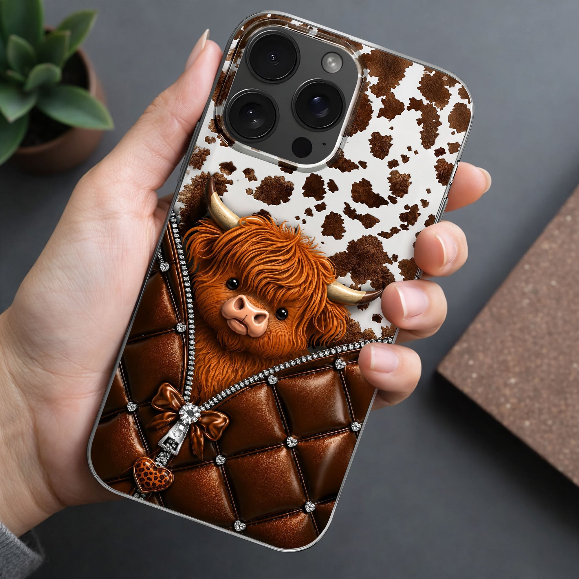 Personalized Clear Phone Case with Cute Highland Cow Design
