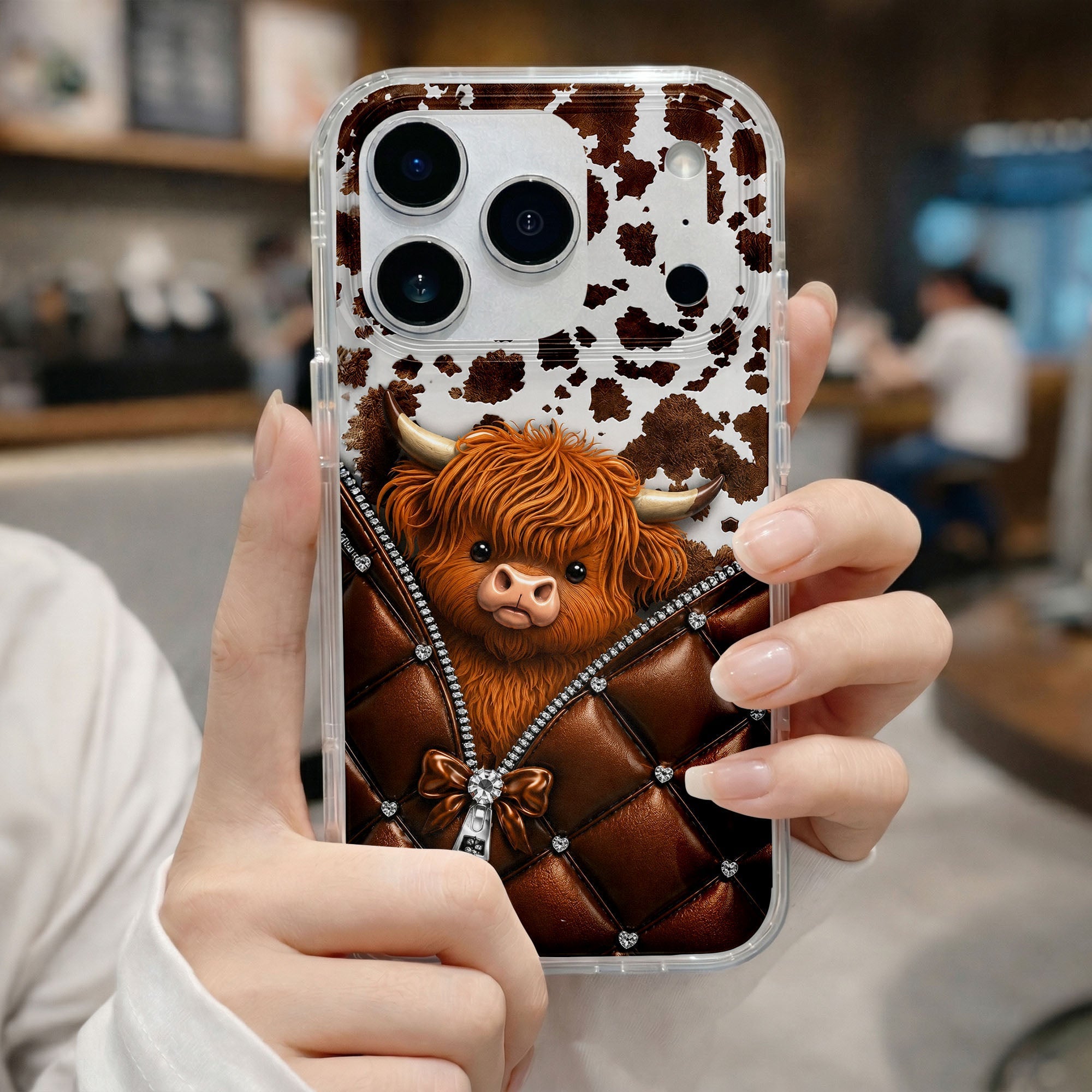 Personalized Clear Phone Case with Cute Highland Cow Design