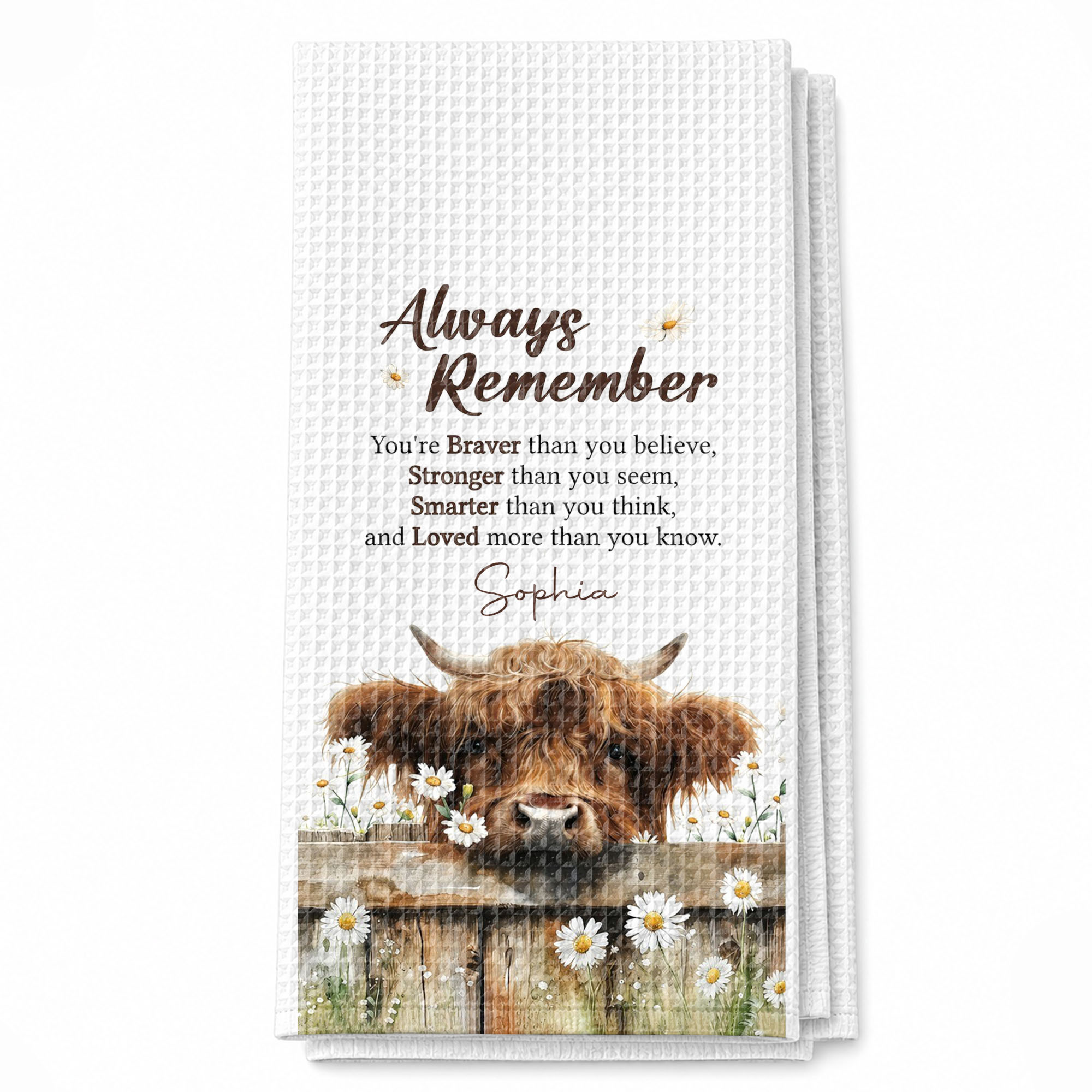 Personalized Kitchen Towel Custom Name Highland Cow Daisy Gift