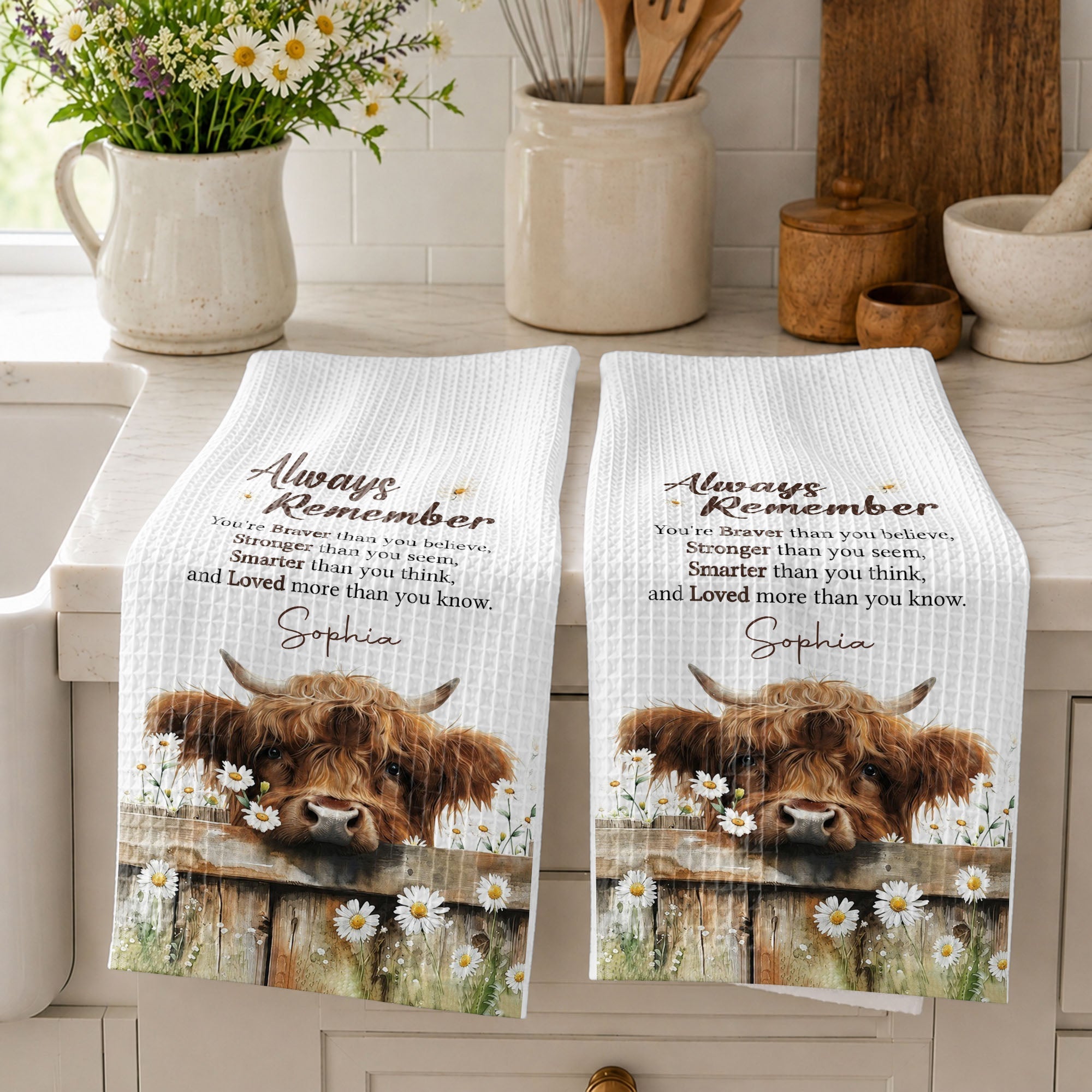 Personalized Kitchen Towel Custom Name Highland Cow Daisy Gift