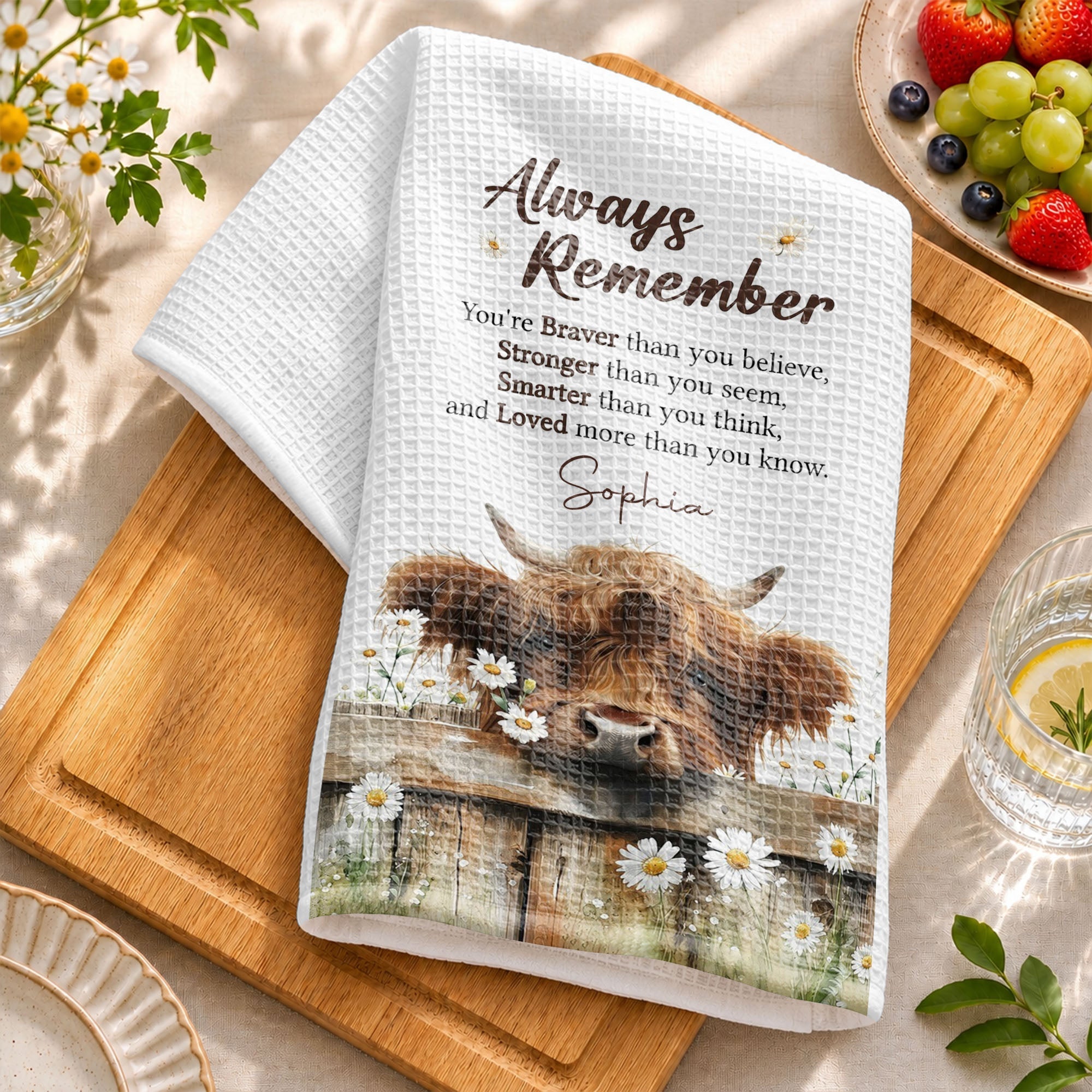 Personalized Kitchen Towel Custom Name Highland Cow Daisy Gift