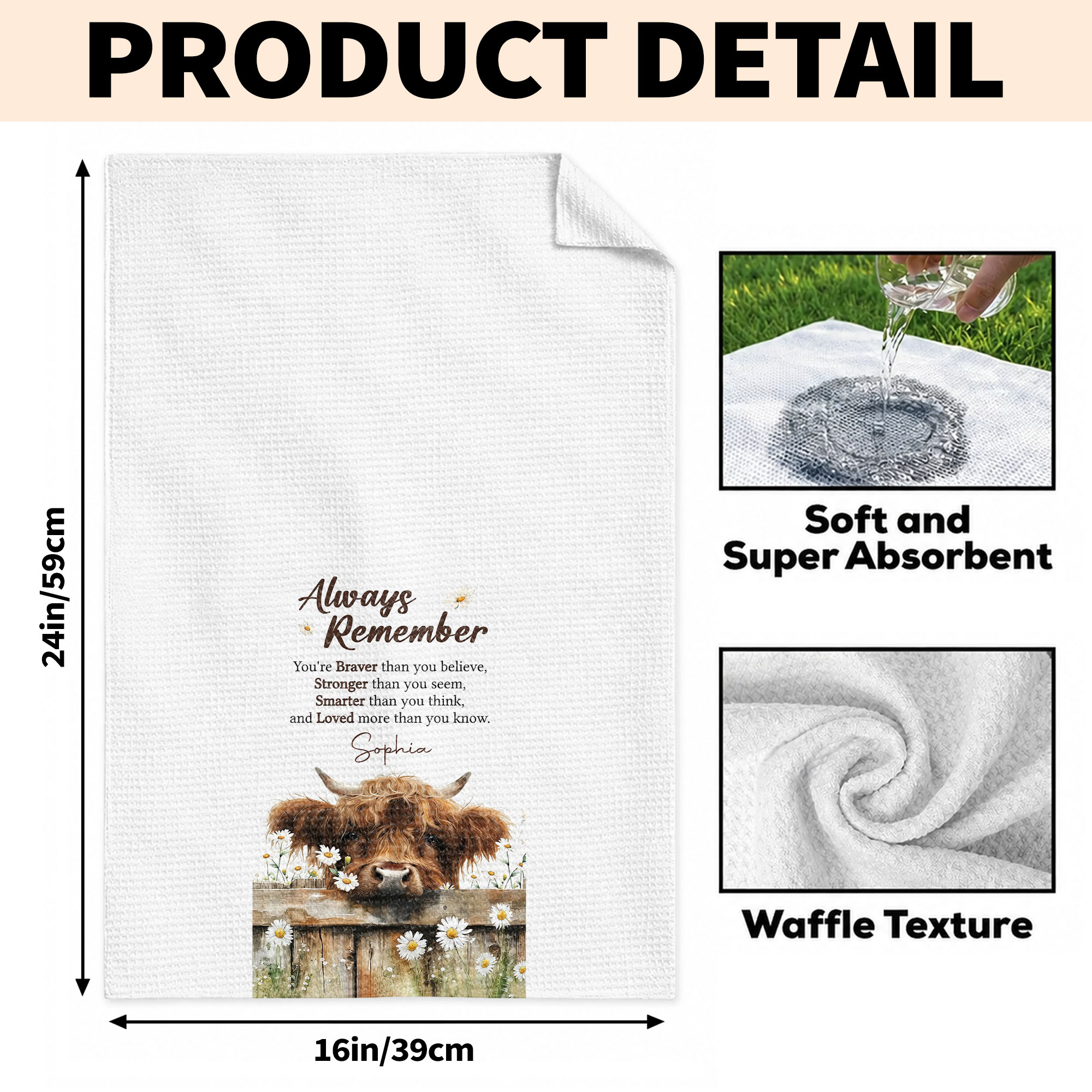 Personalized Kitchen Towel Custom Name Highland Cow Daisy Gift
