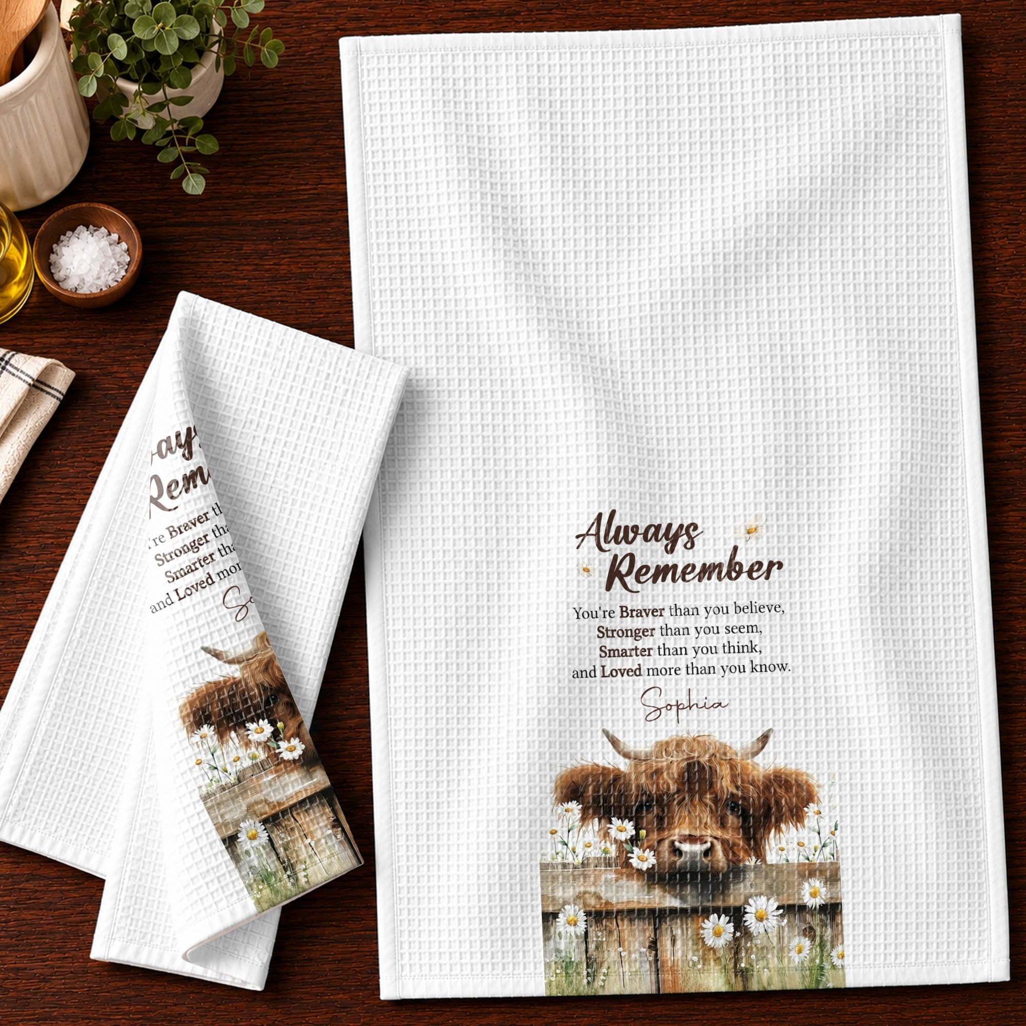 Personalized Kitchen Towel Custom Name Highland Cow Daisy Gift