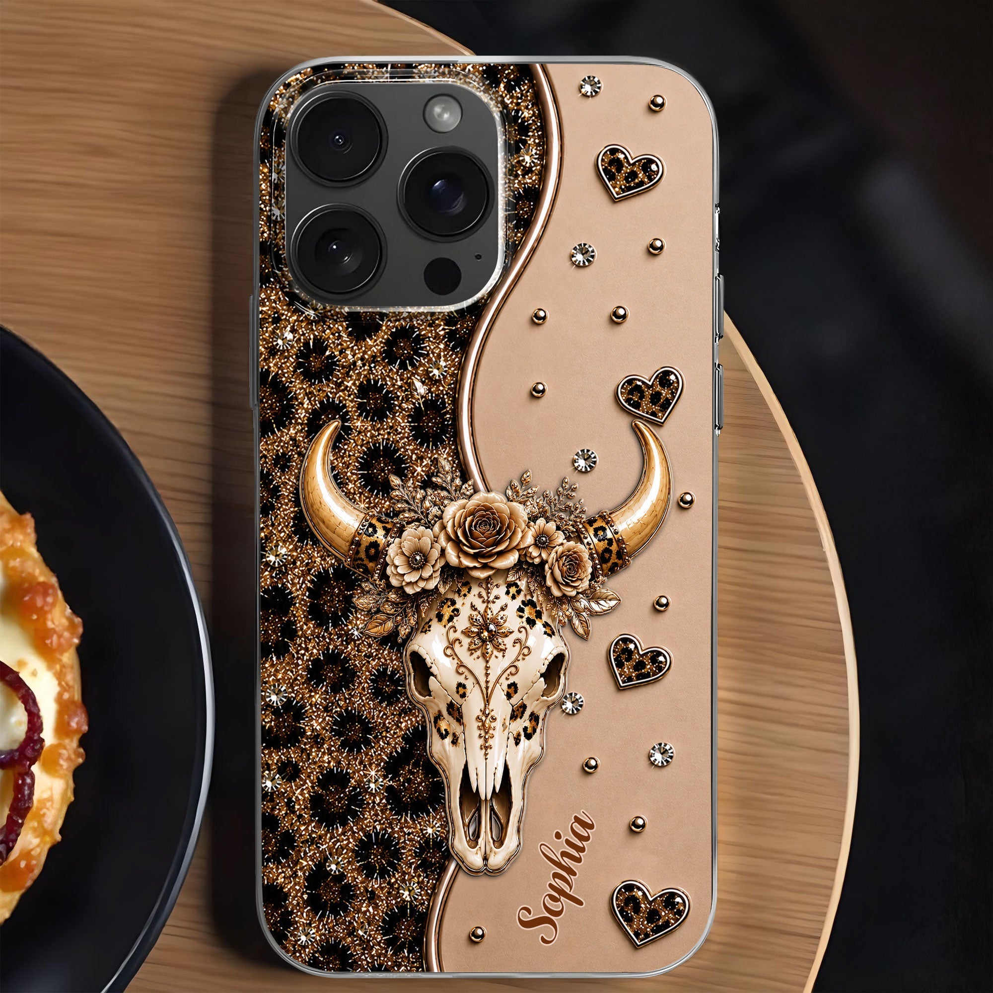 Personalized Clear Phone Case Bull Skull Leopard Flowers Gift for Her