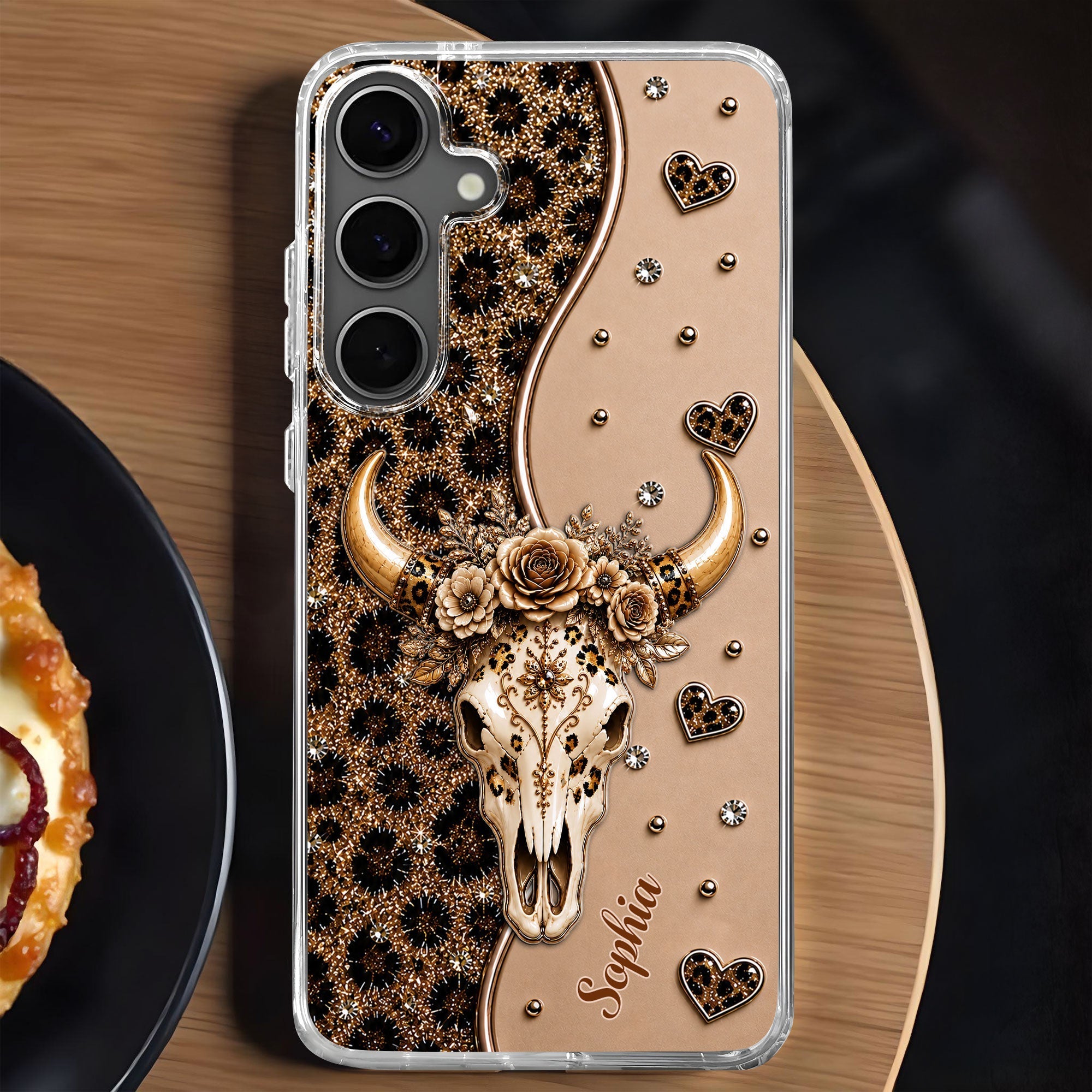 Personalized Clear Phone Case Bull Skull Leopard Flowers Gift for Her