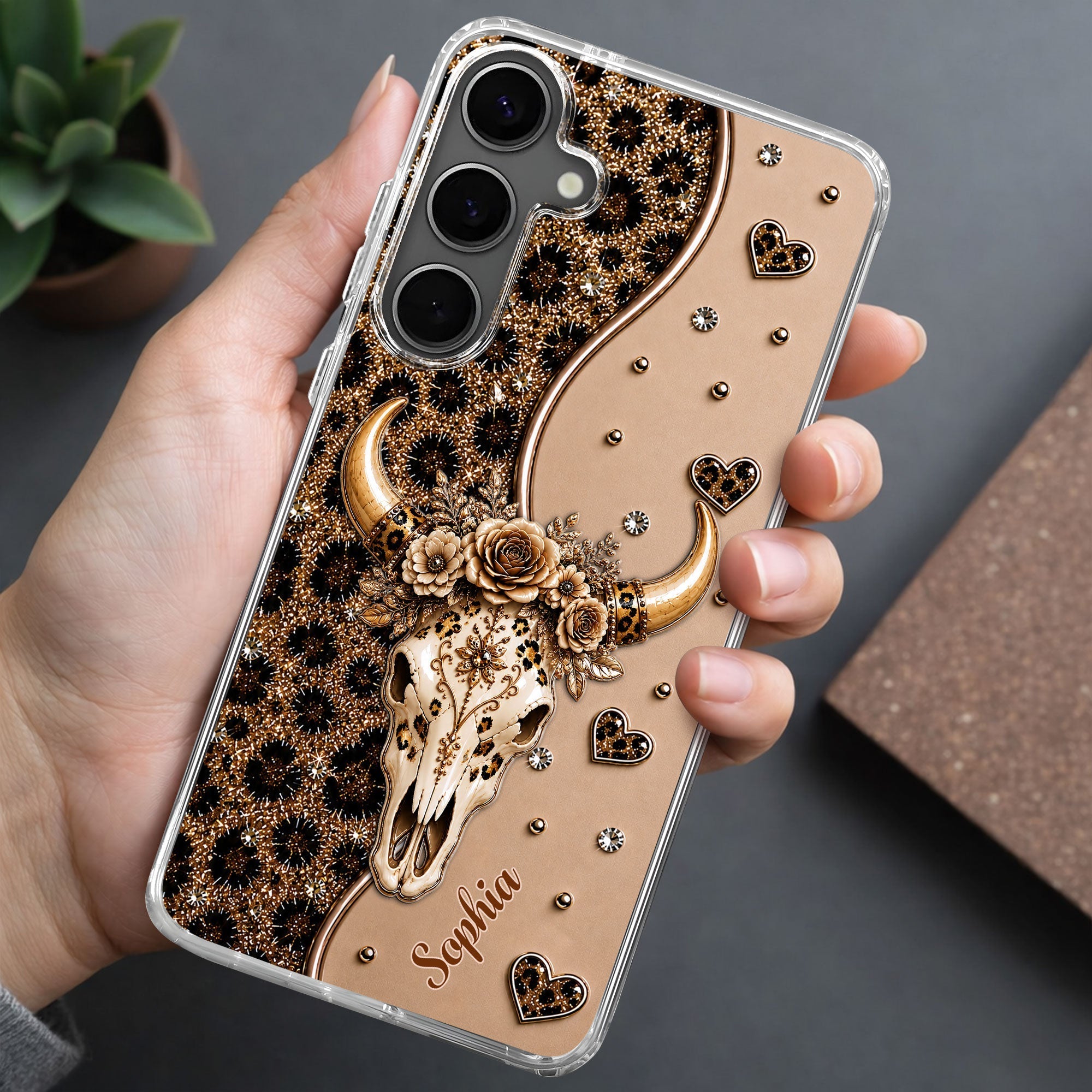 Personalized Clear Phone Case Bull Skull Leopard Flowers Gift for Her