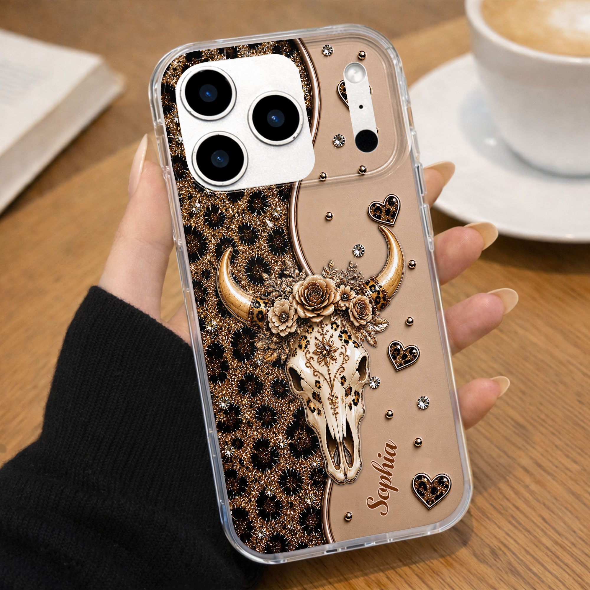 Personalized Clear Phone Case Bull Skull Leopard Flowers Gift for Her