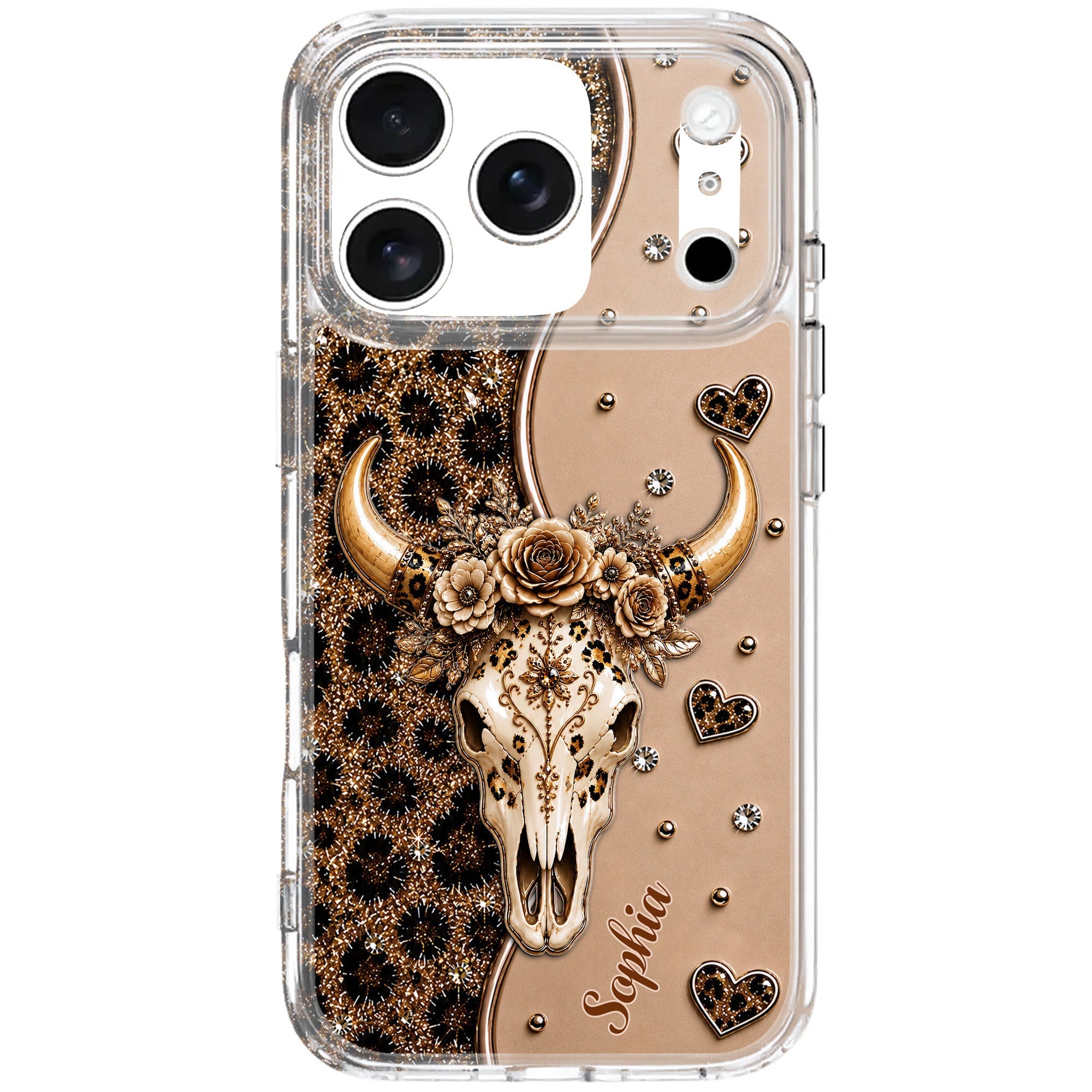 Personalized Clear Phone Case Bull Skull Leopard Flowers Gift for Her