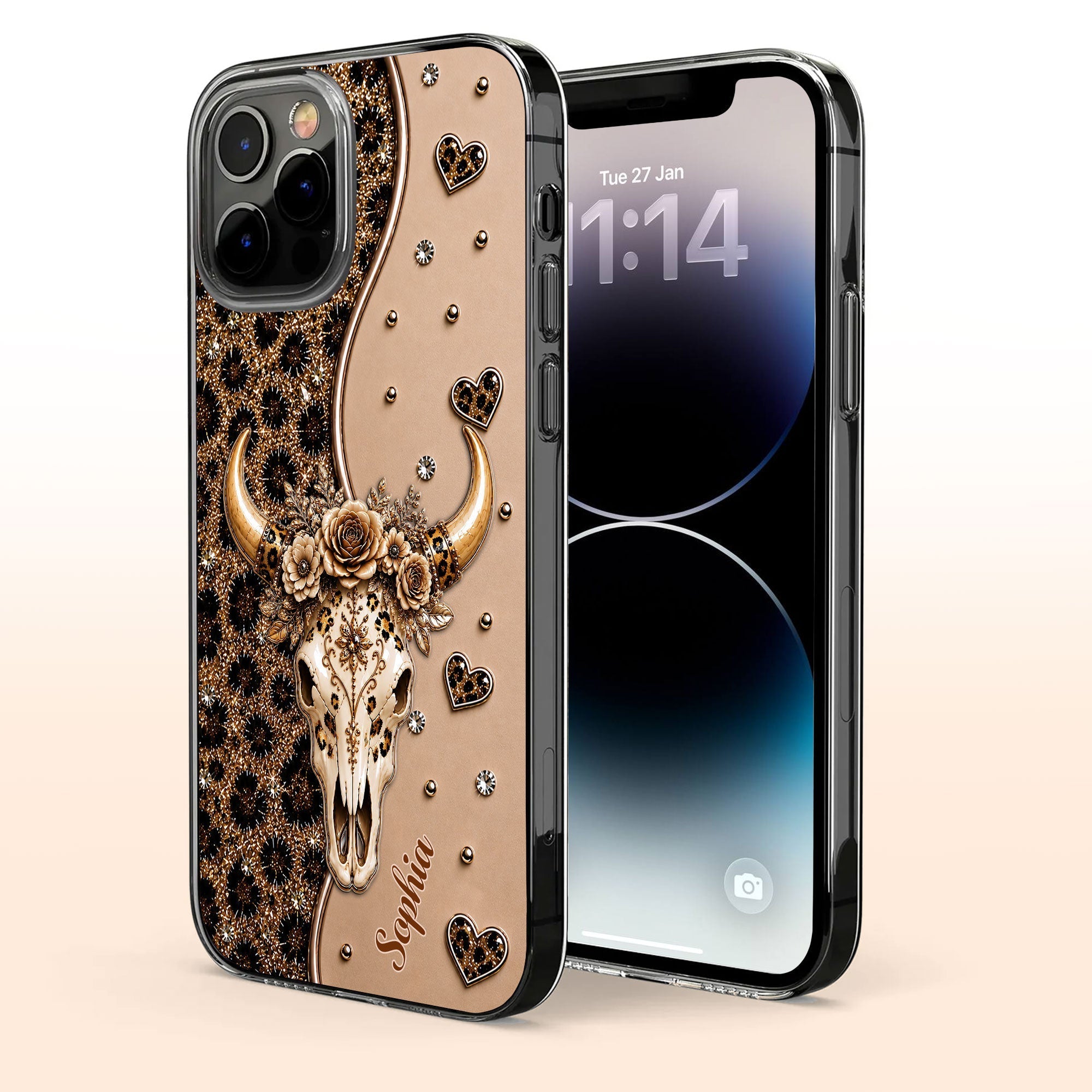 Personalized Clear Phone Case Bull Skull Leopard Flowers Gift for Her