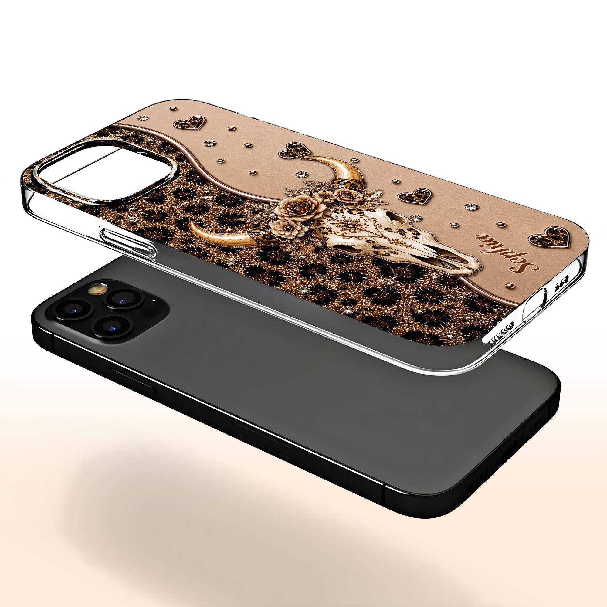 Personalized Clear Phone Case Bull Skull Leopard Flowers Gift for Her