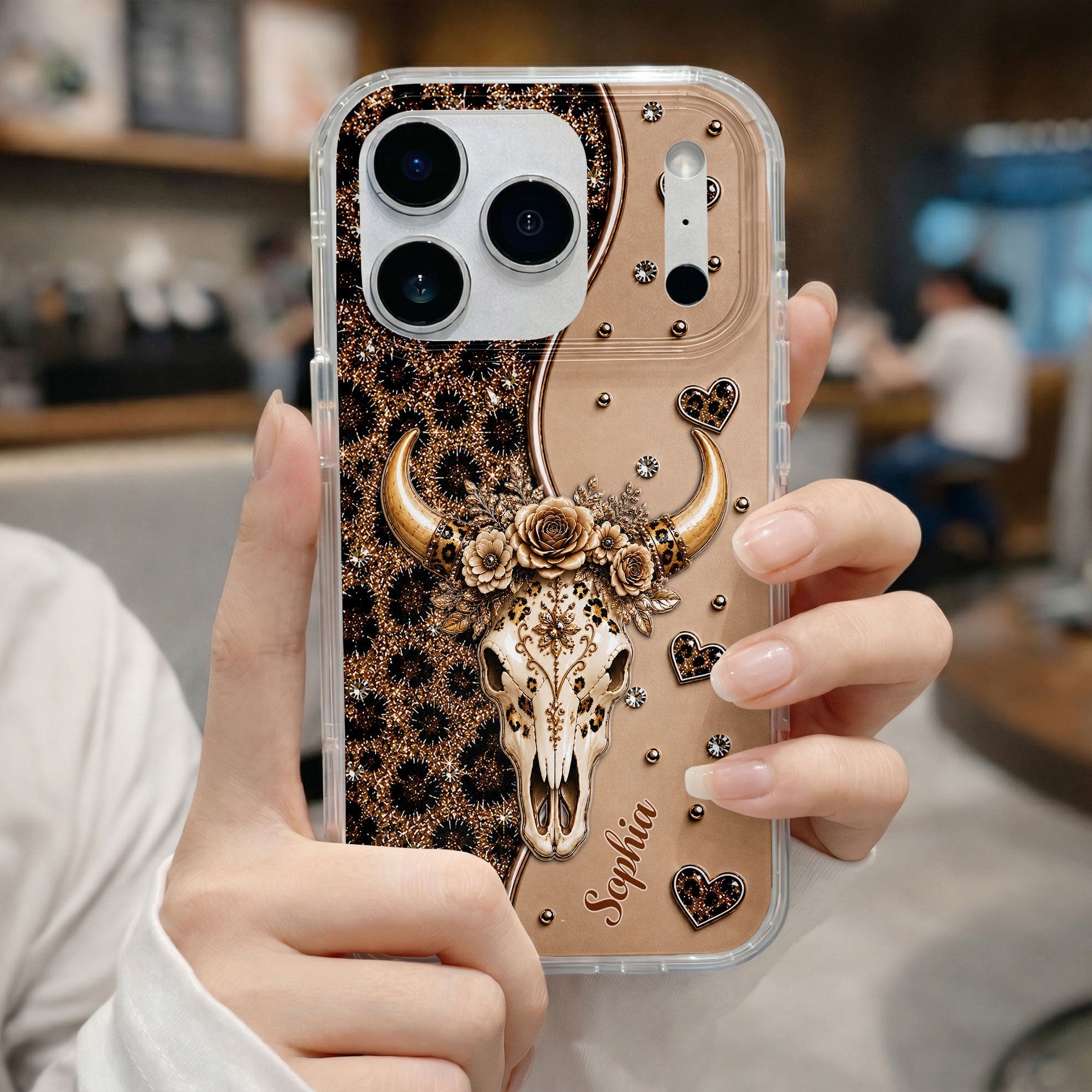 Personalized Clear Phone Case Bull Skull Leopard Flowers Gift for Her