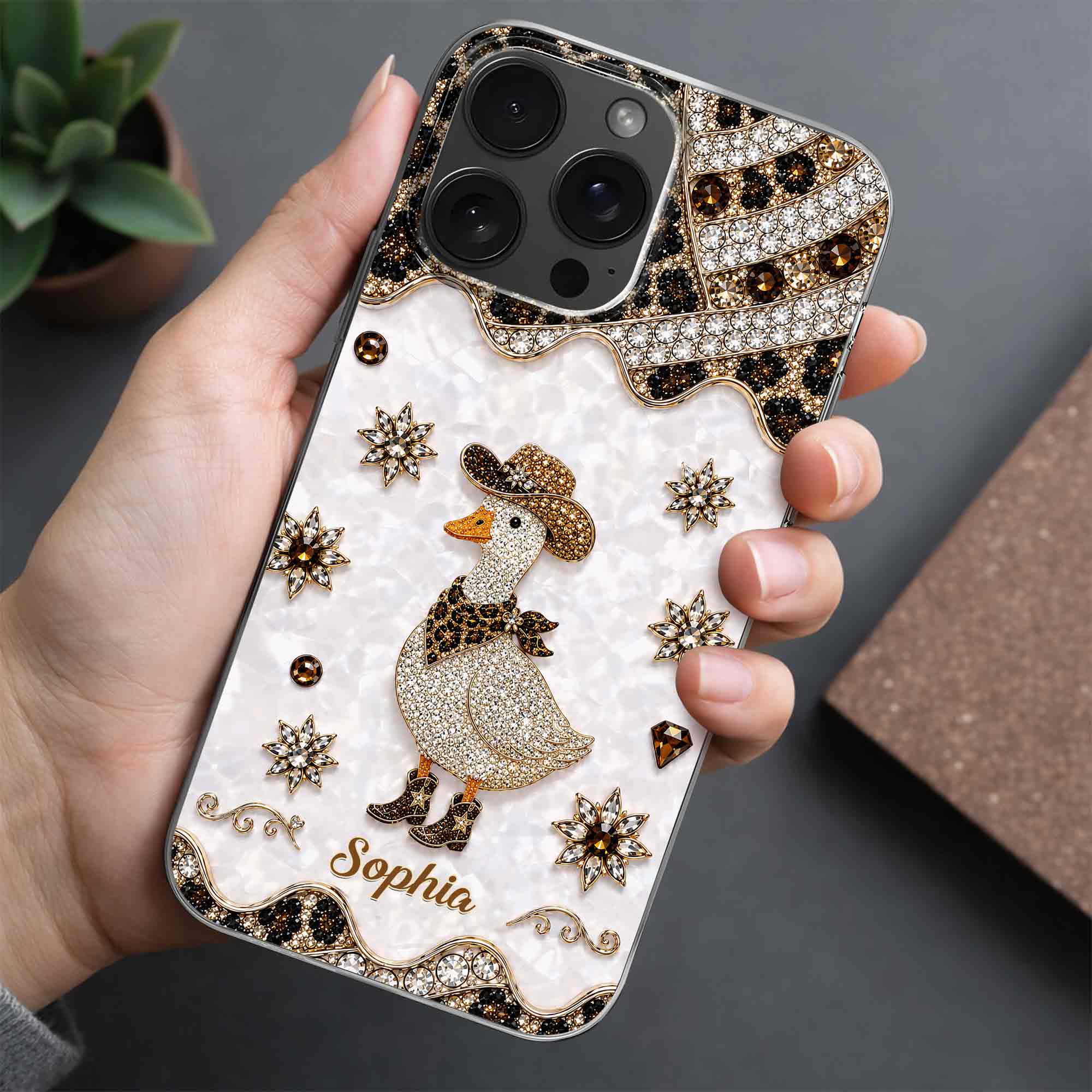 Personalized Clear Phone Case Cowboy Goose Sparkle Gift