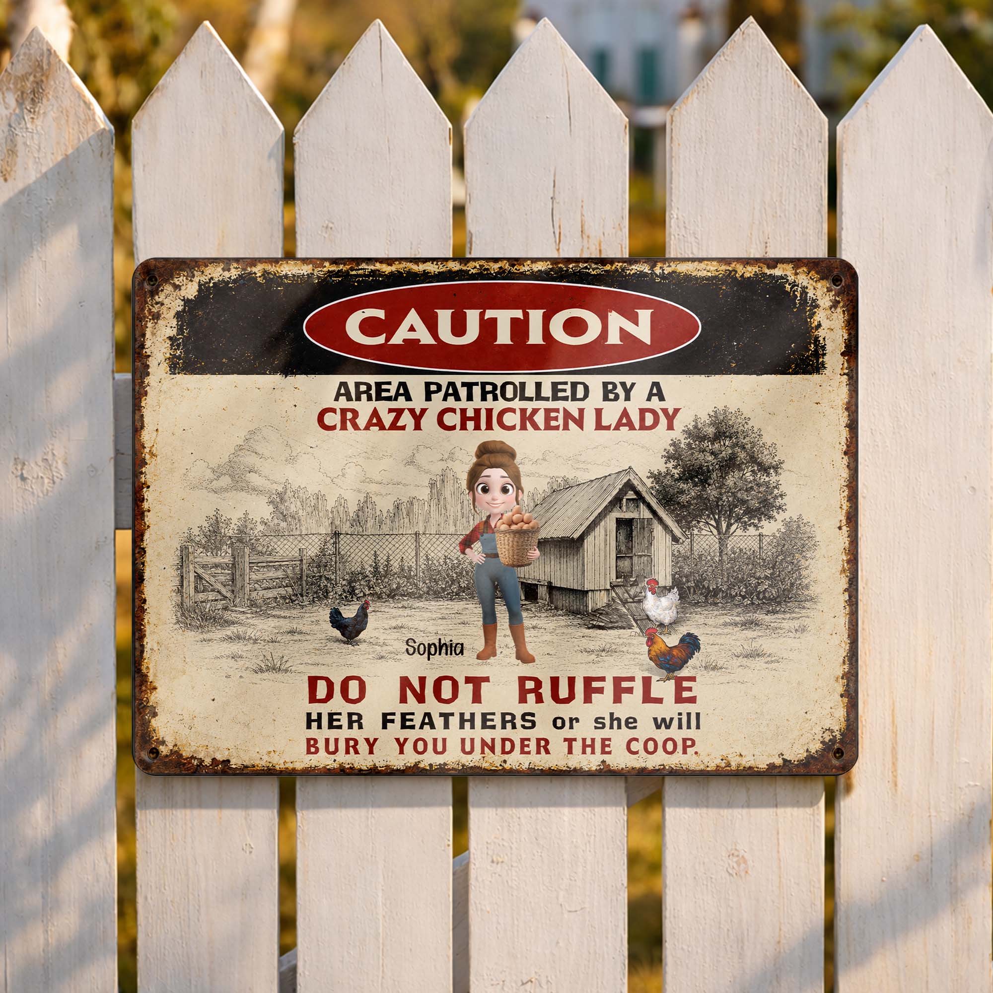 Personalized Metal Sign Caution Crazy Chicken Lady Gift
